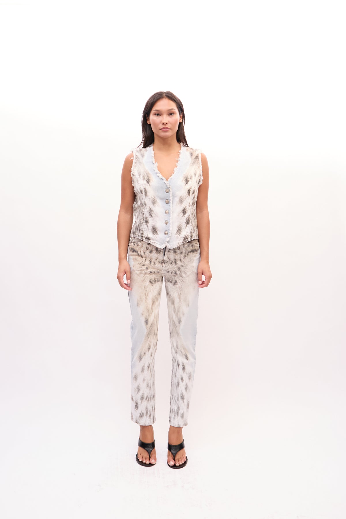2000s Roberto Cavalli White Blue Leopard Distressed Denim Vest Jeans Set