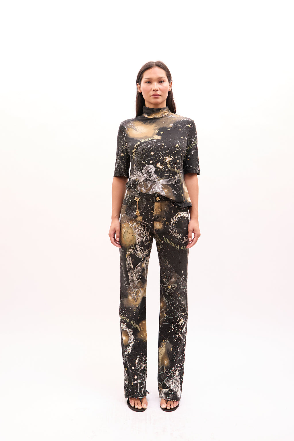 2000s Roberto Cavalli Black Celestial Galaxy Top and Jeans Set