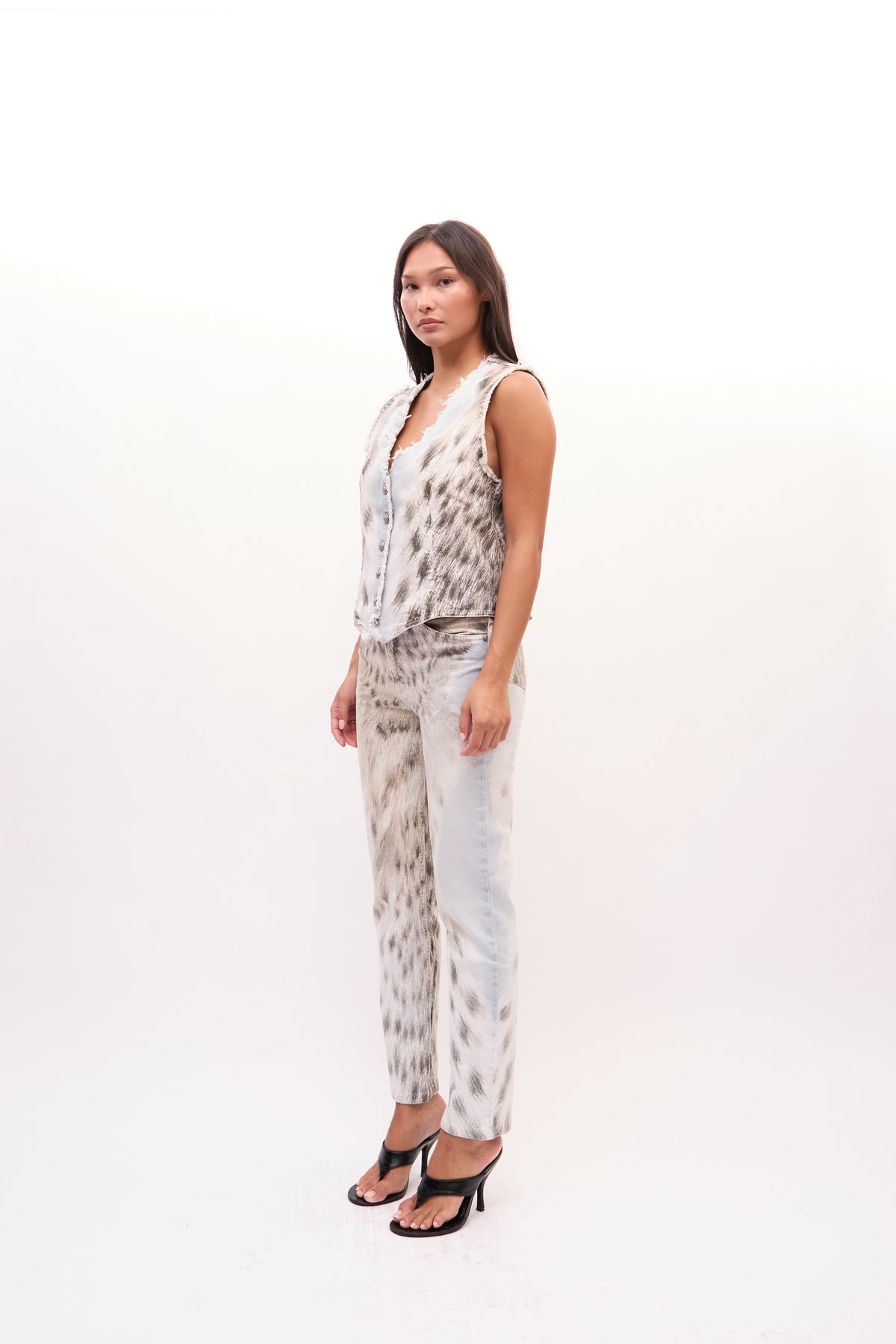 2000s Roberto Cavalli White Blue Leopard Distressed Denim Vest Jeans Set