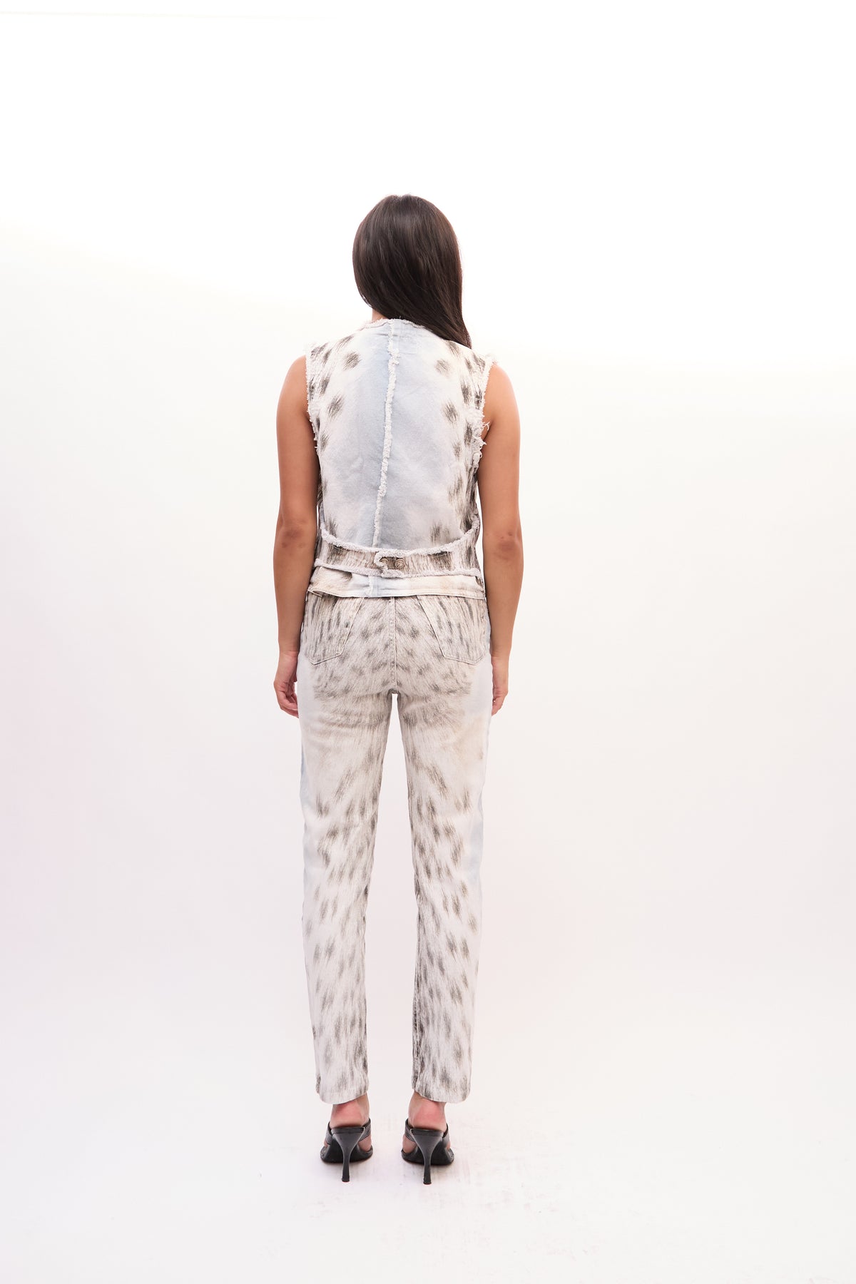2000s Roberto Cavalli White Blue Leopard Distressed Denim Vest Jeans Set