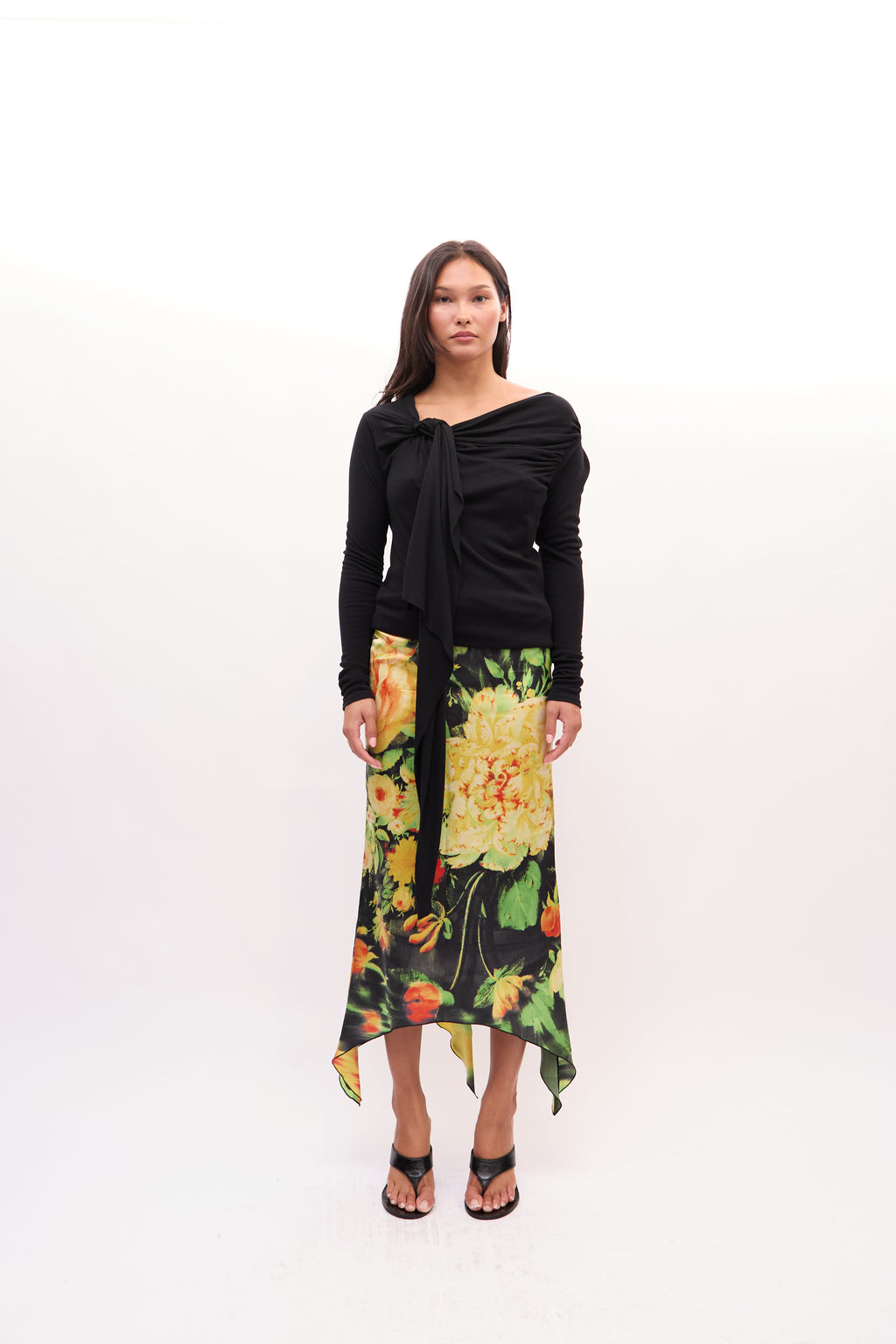 2000s Just Cavalli Black Multicolor Floral Asymmetric Handkerchief Hem Silk Skirt