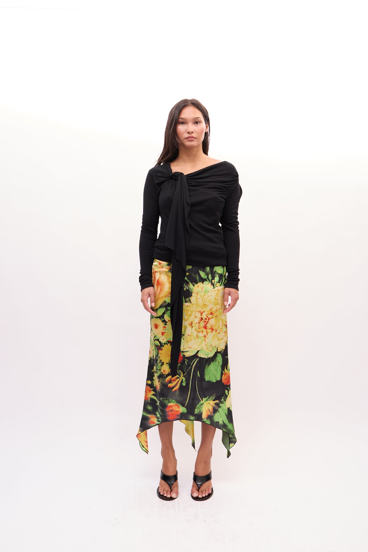 2000s Just Cavalli Black Multicolor Floral Asymmetric Handkerchief Hem Silk Skirt