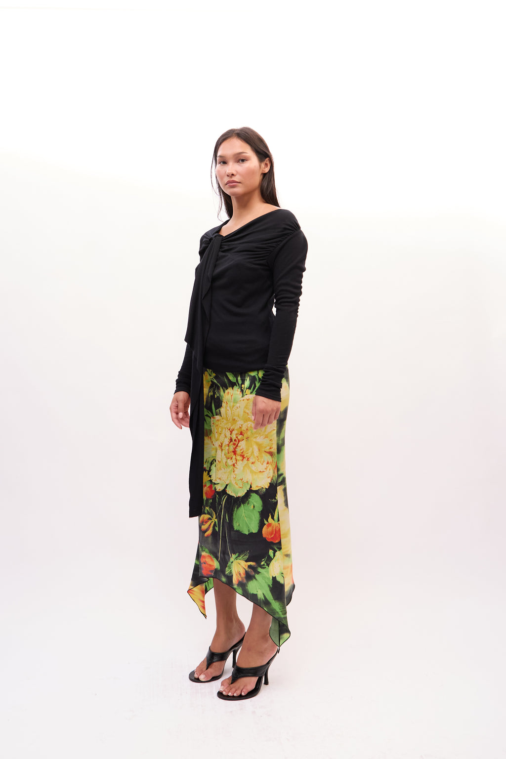 2000s Just Cavalli Black Multicolor Floral Asymmetric Handkerchief Hem Silk Skirt
