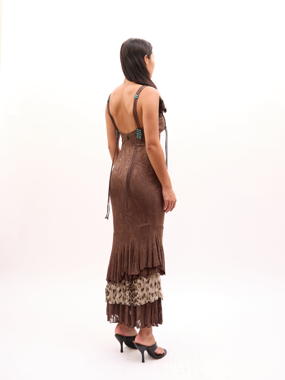 2000s Class Cavalli Brown Paisley Tiered Leopard Print Maxi Dress Dress