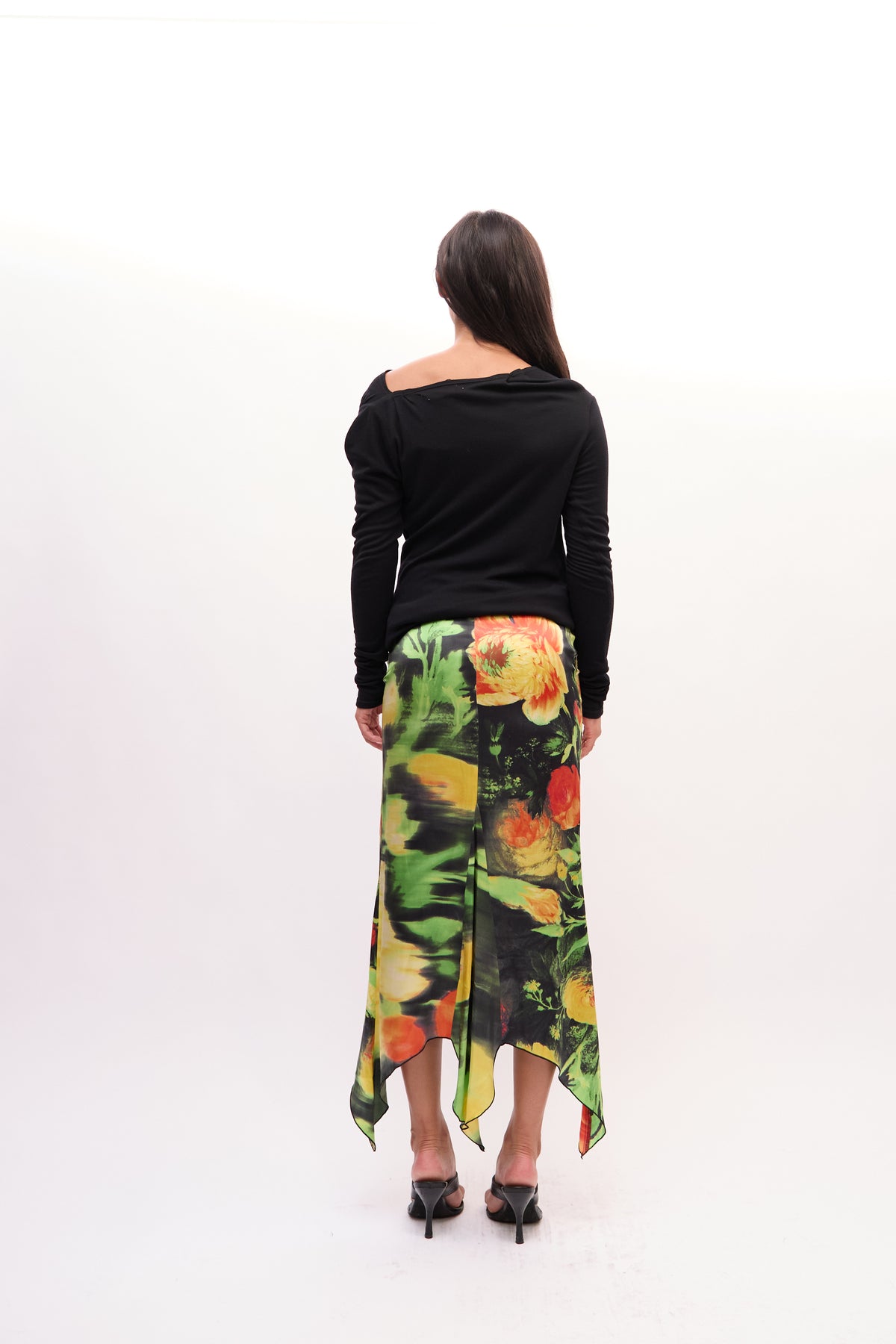 2000s Just Cavalli Black Multicolor Floral Asymmetric Handkerchief Hem Silk Skirt
