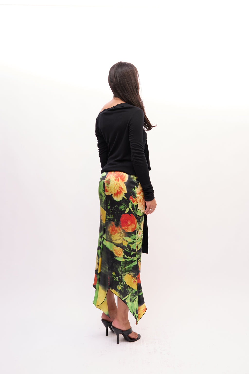 2000s Just Cavalli Black Multicolor Floral Asymmetric Handkerchief Hem Silk Skirt