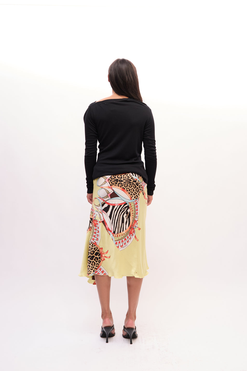 2000s Roberto Cavali Yellow Animal Print Patchwork Silk Skirt