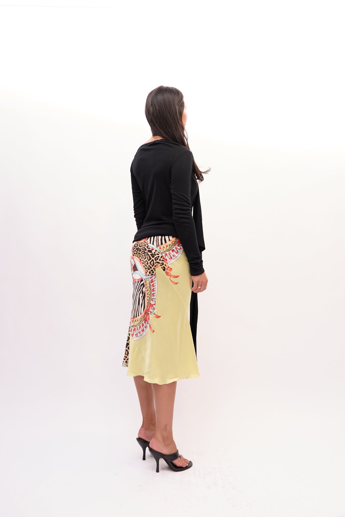 2000s Roberto Cavali Yellow Animal Print Patchwork Silk Skirt