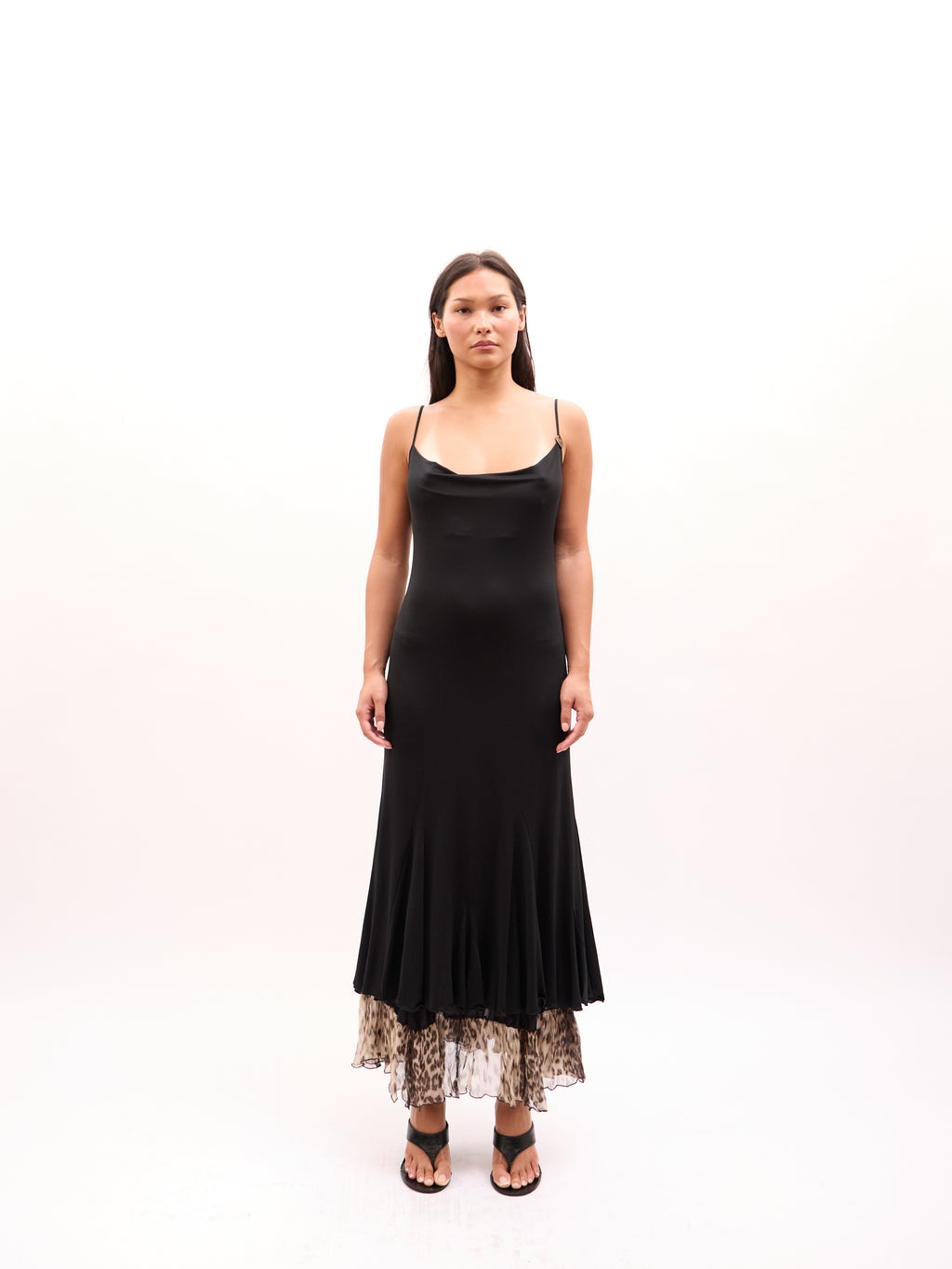 2000s Just Cavalli Black Leopard Print Cowl Neck Dress