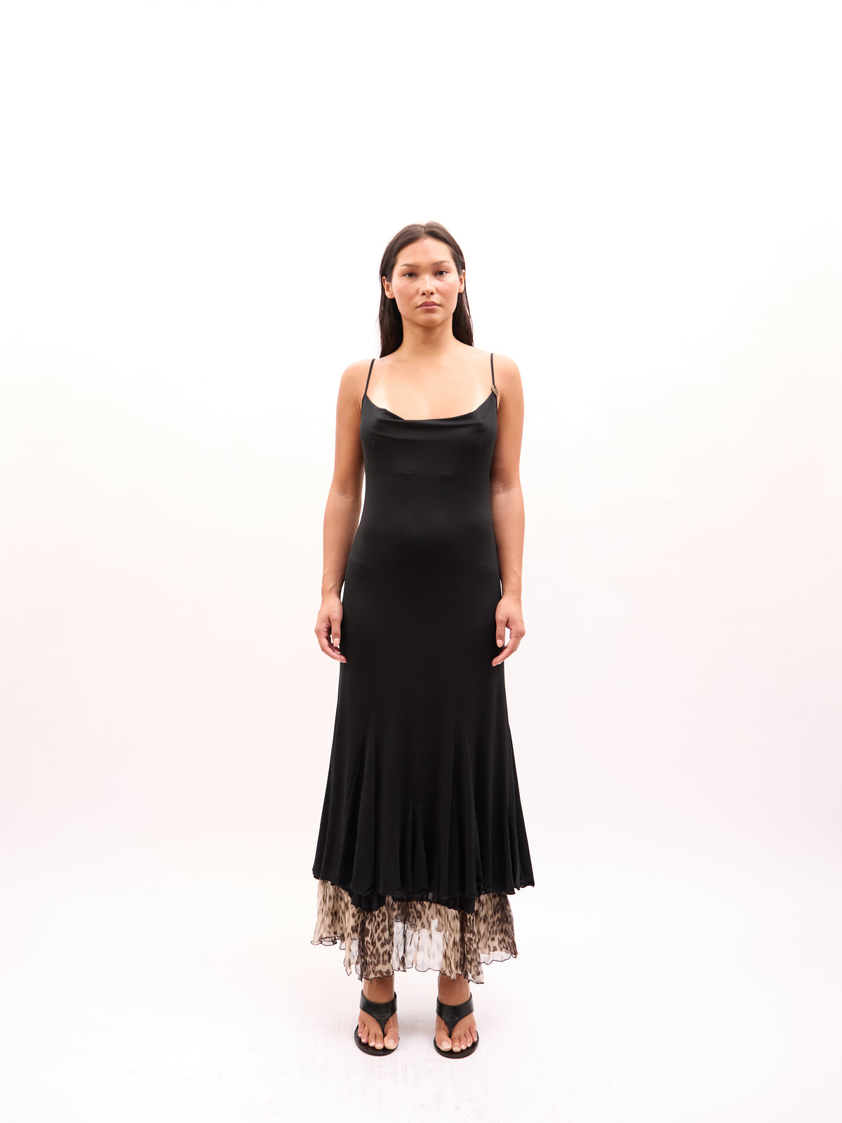 2000s Just Cavalli Black Leopard Print Cowl Neck Dress