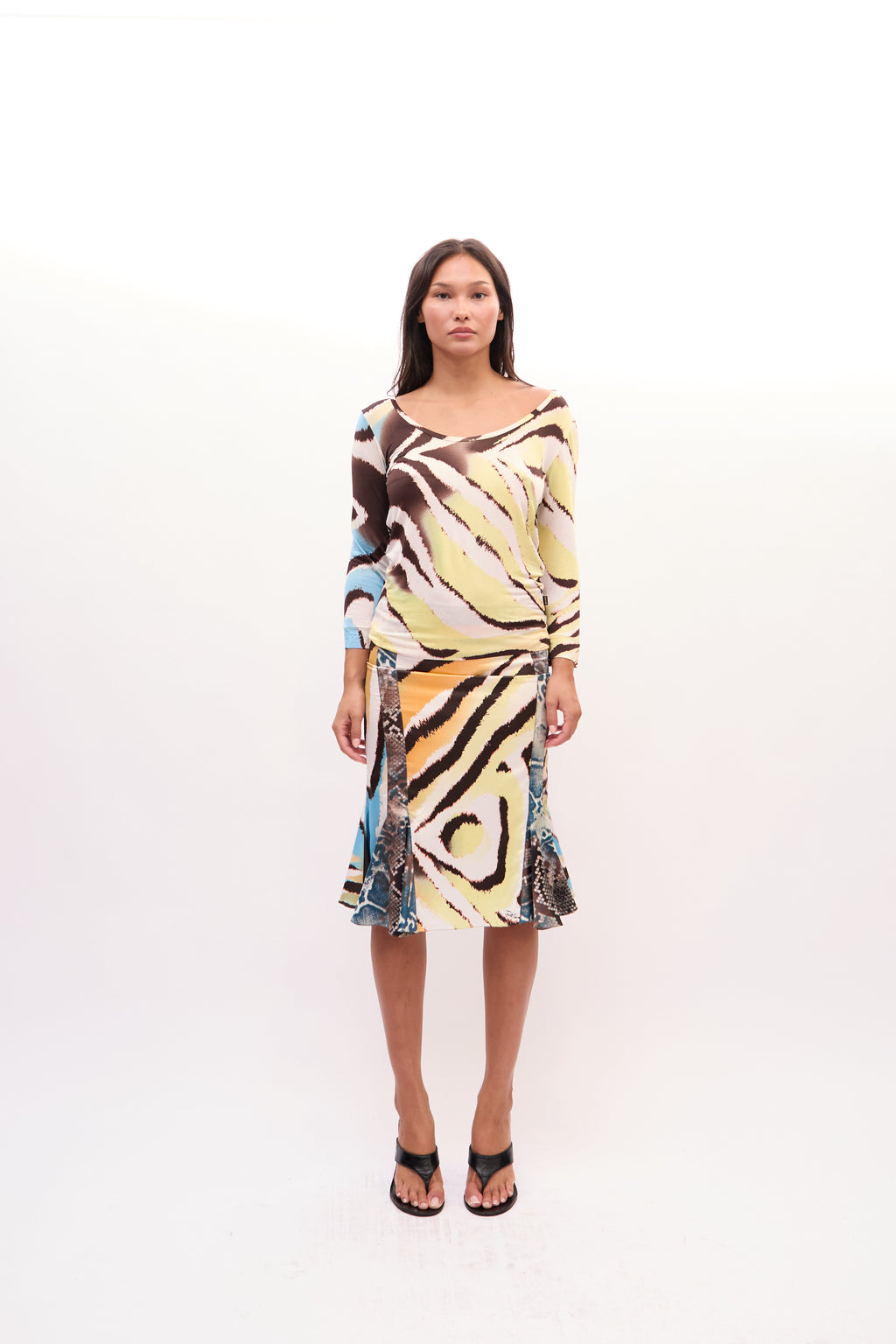 2000s Just Cavalli Yellow Multicolor Zebra Snakeprint Top and Silk Skirt