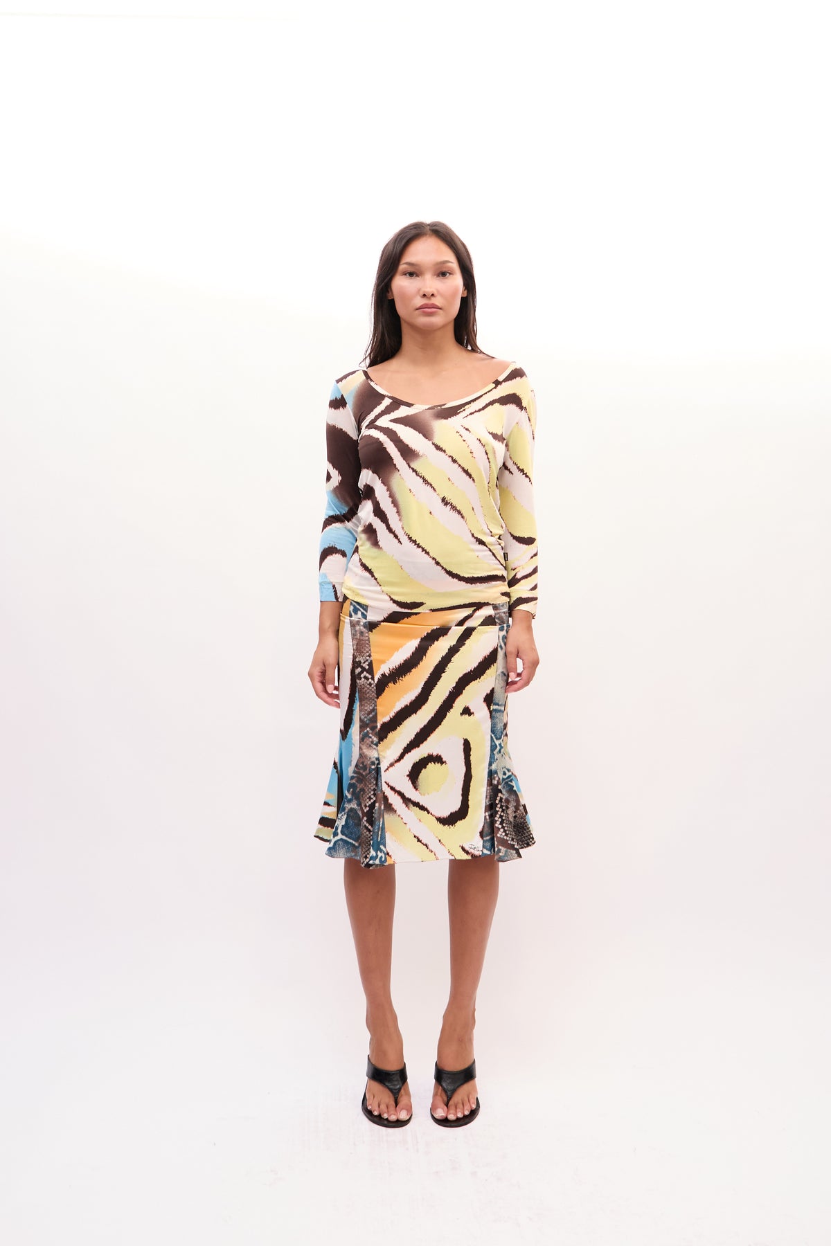 2000s Just Cavalli Yellow Multicolor Zebra Snakeprint Top and Silk Skirt