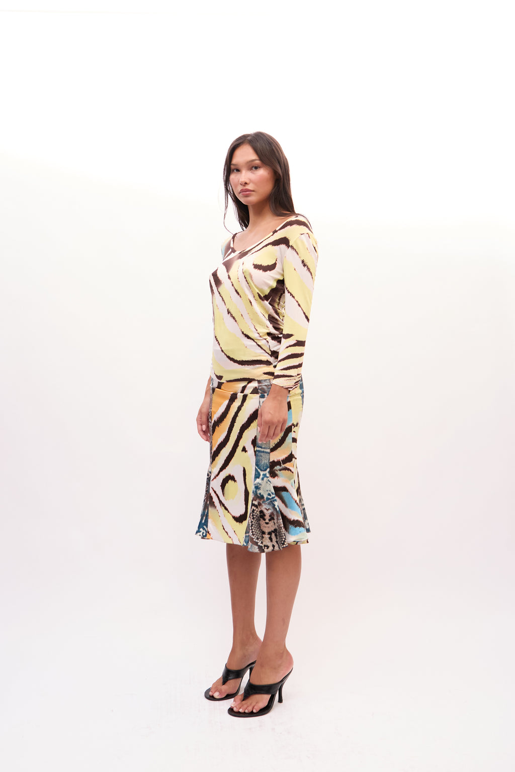 2000s Just Cavalli Yellow Multicolor Zebra Snakeprint Top and Silk Skirt