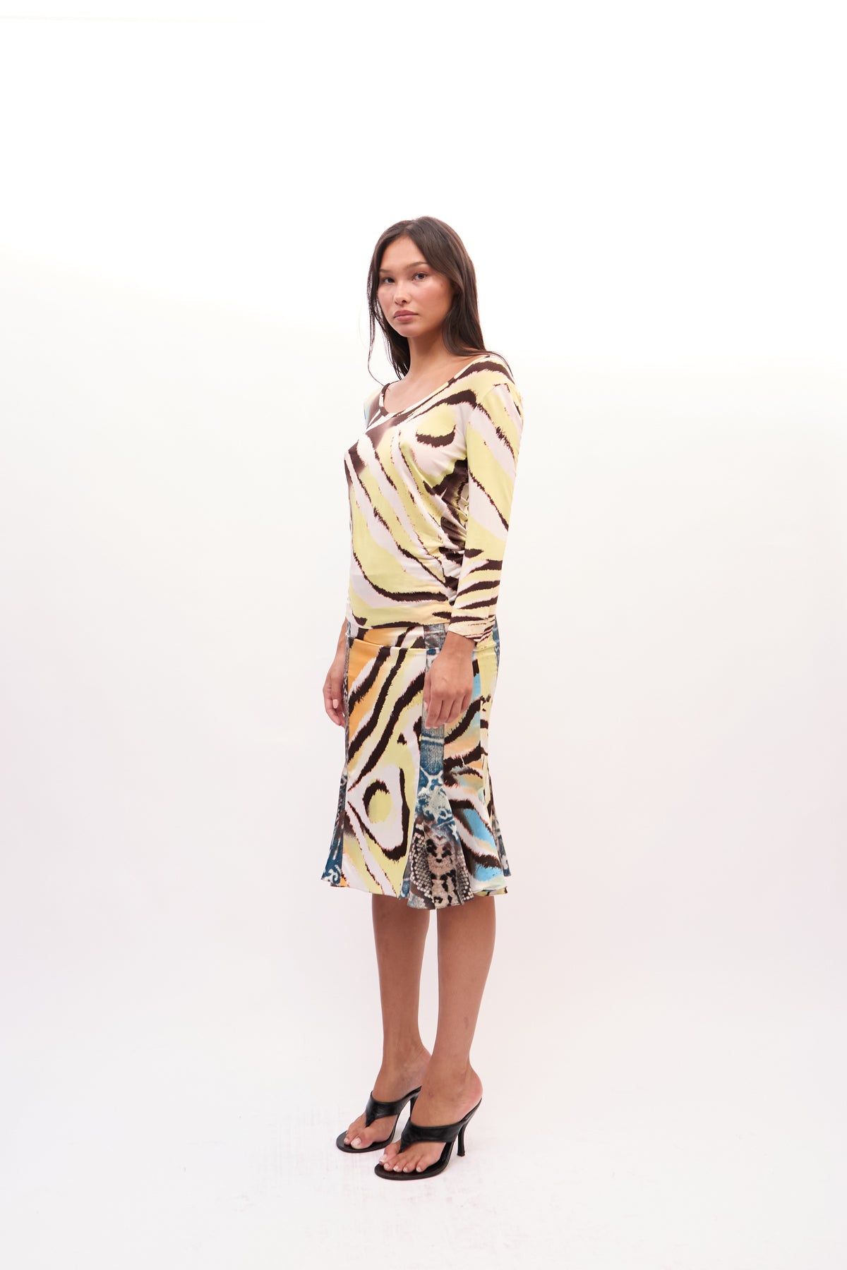 2000s Just Cavalli Yellow Multicolor Zebra Snakeprint Top and Silk Skirt