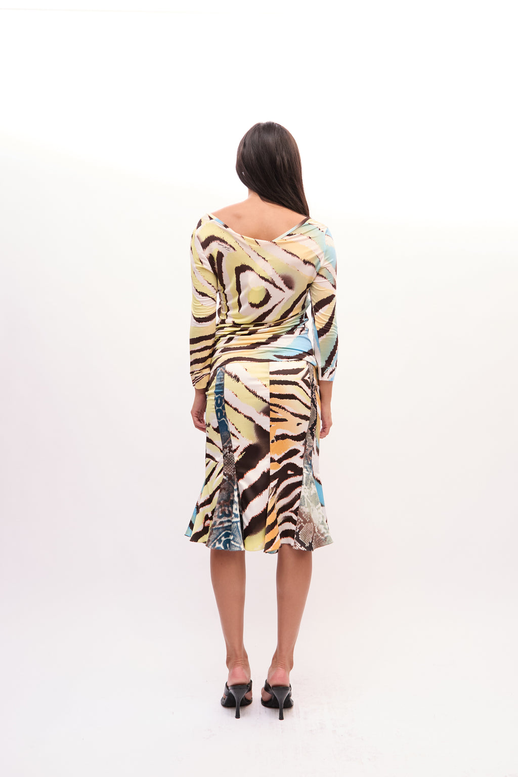 2000s Just Cavalli Yellow Multicolor Zebra Snakeprint Top and Silk Skirt