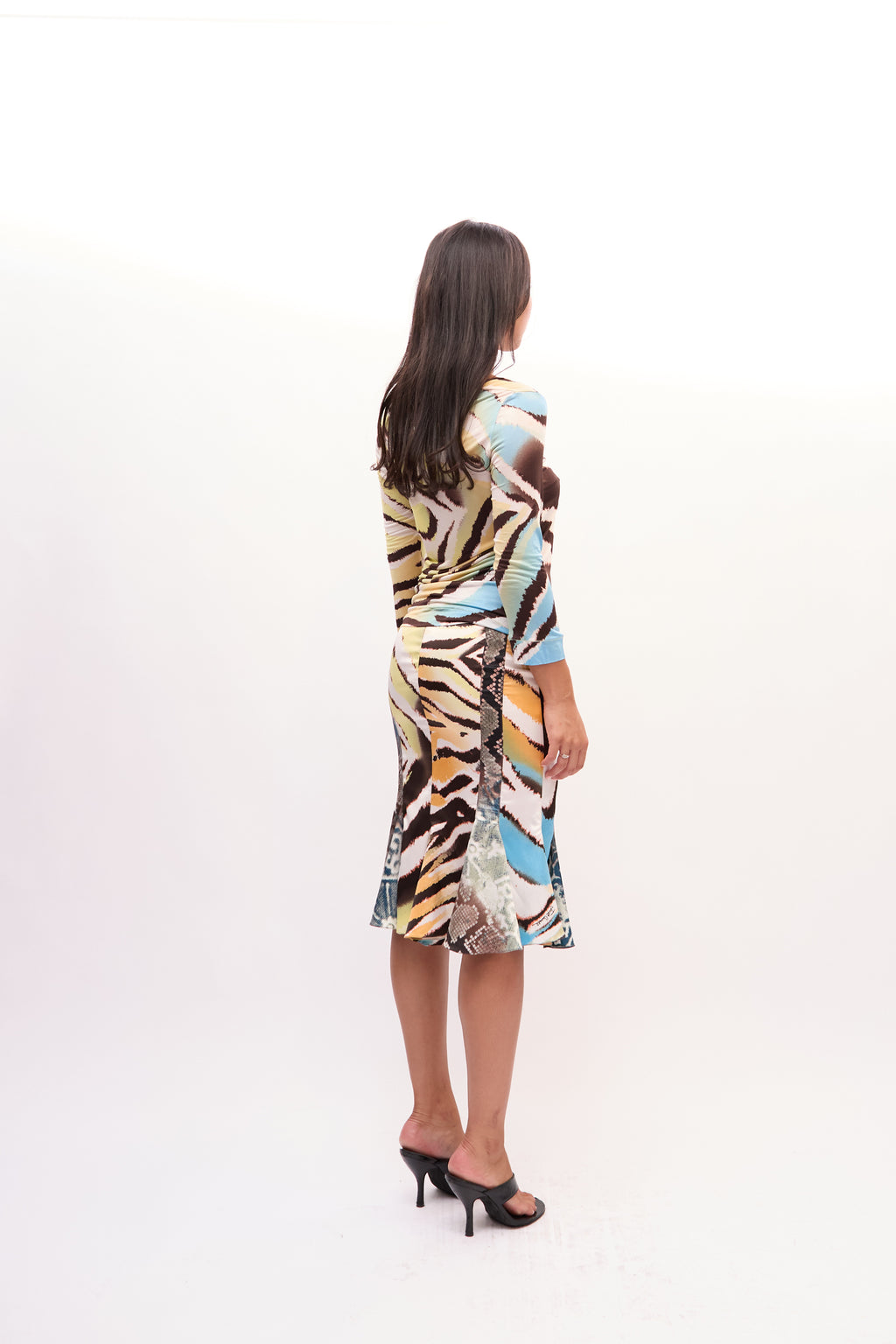 2000s Just Cavalli Yellow Multicolor Zebra Snakeprint Top and Silk Skirt