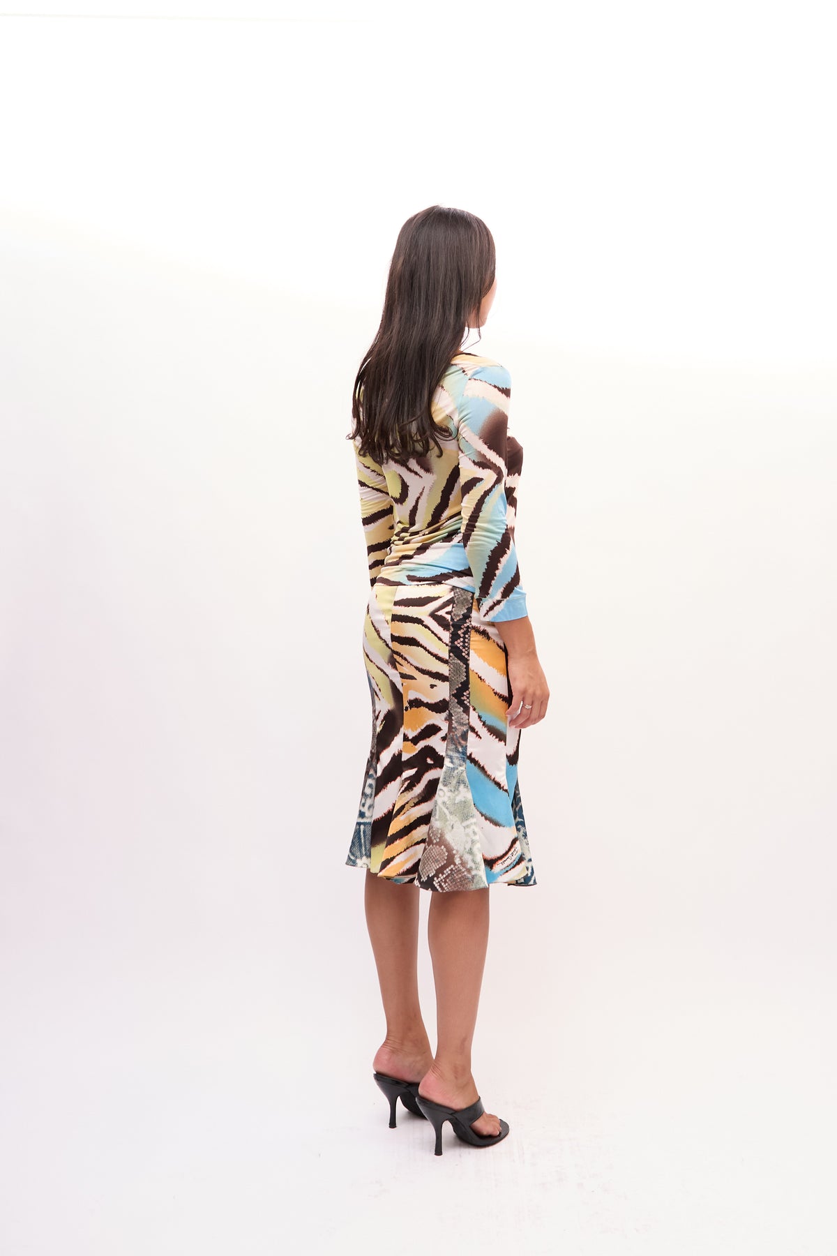 2000s Just Cavalli Yellow Multicolor Zebra Snakeprint Top and Silk Skirt