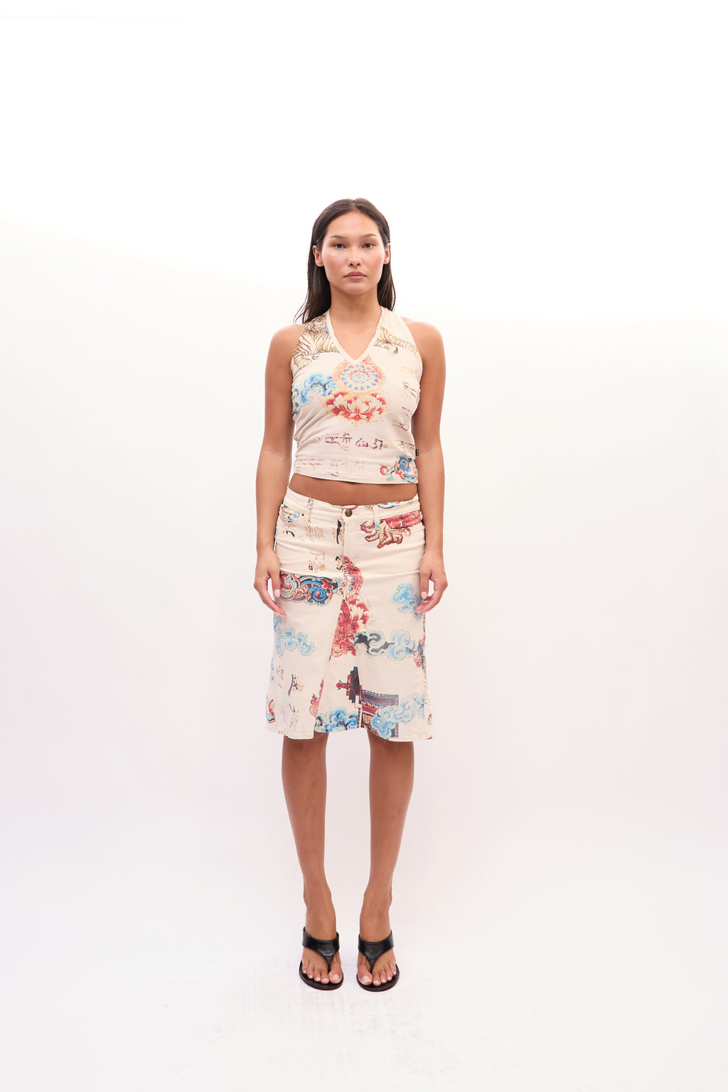 2003 Just Cavalli White Multicolor Oriental Print Tank Jean Skirt Set