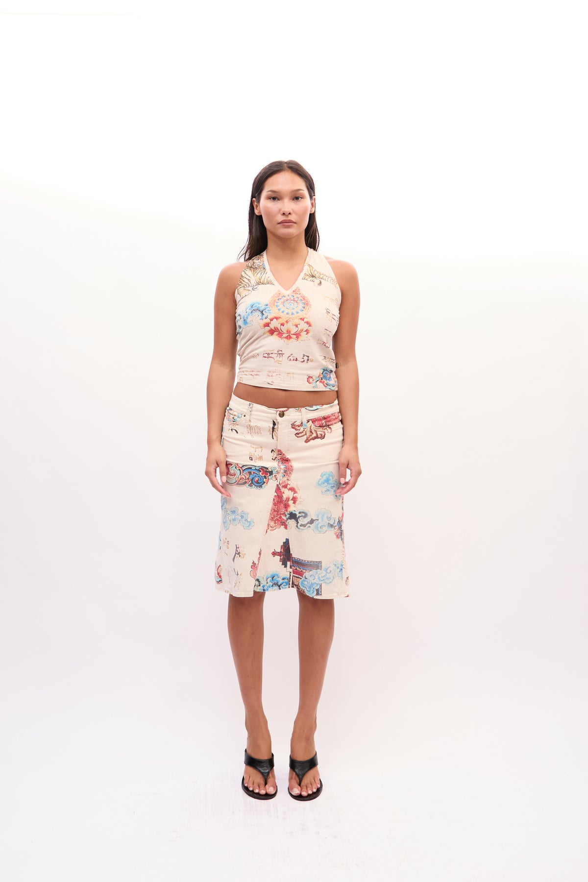 2003 Just Cavalli White Multicolor Oriental Print Tank Jean Skirt Set