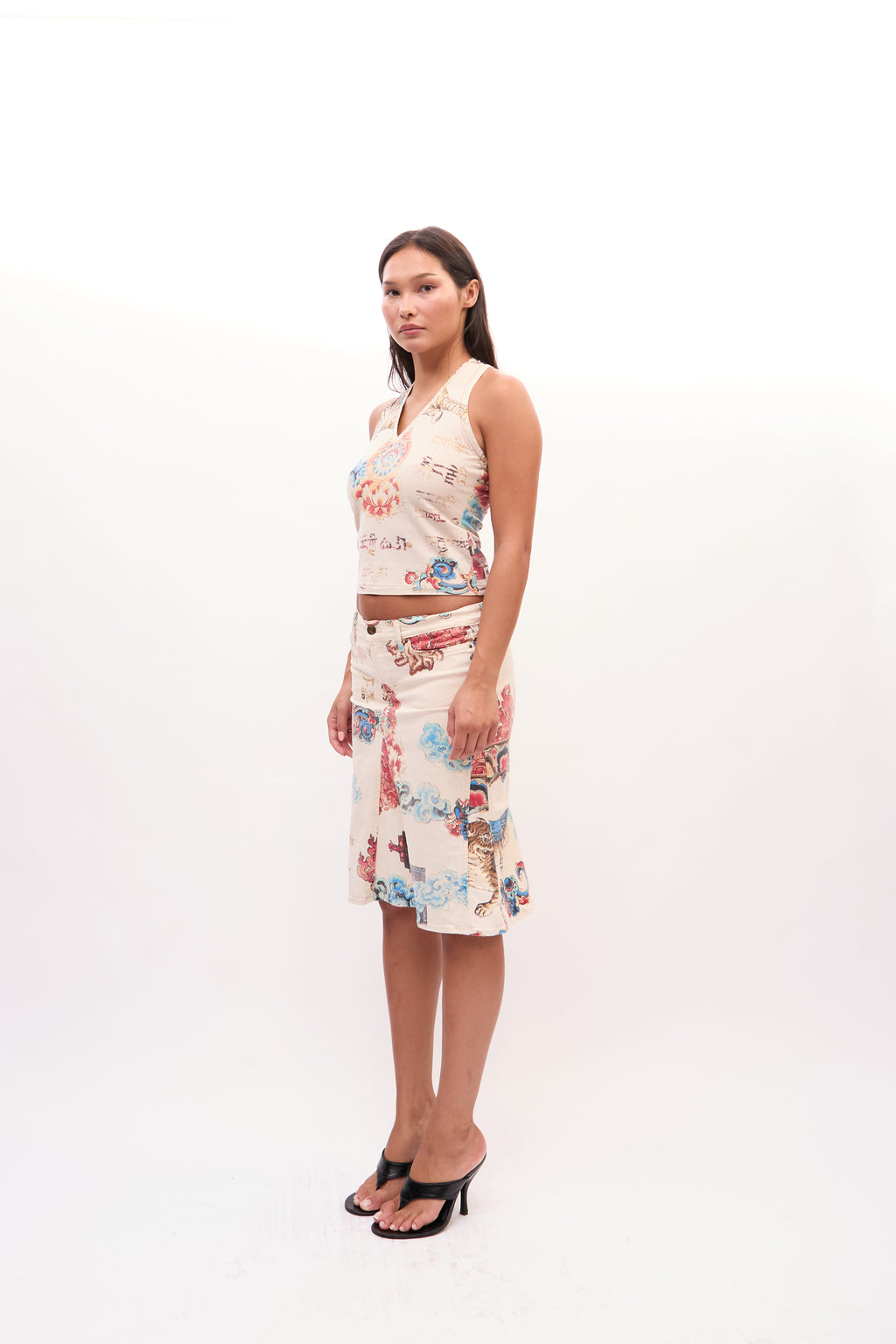 2003 Just Cavalli White Multicolor Oriental Print Tank Jean Skirt Set
