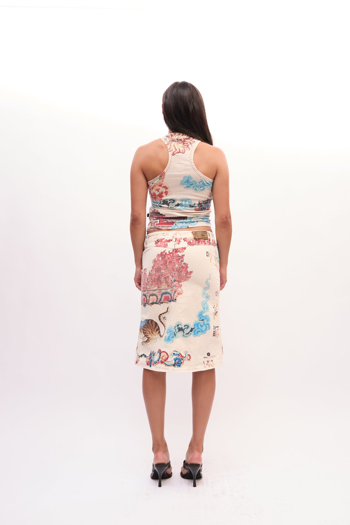 2003 Just Cavalli White Multicolor Oriental Print Tank Jean Skirt Set