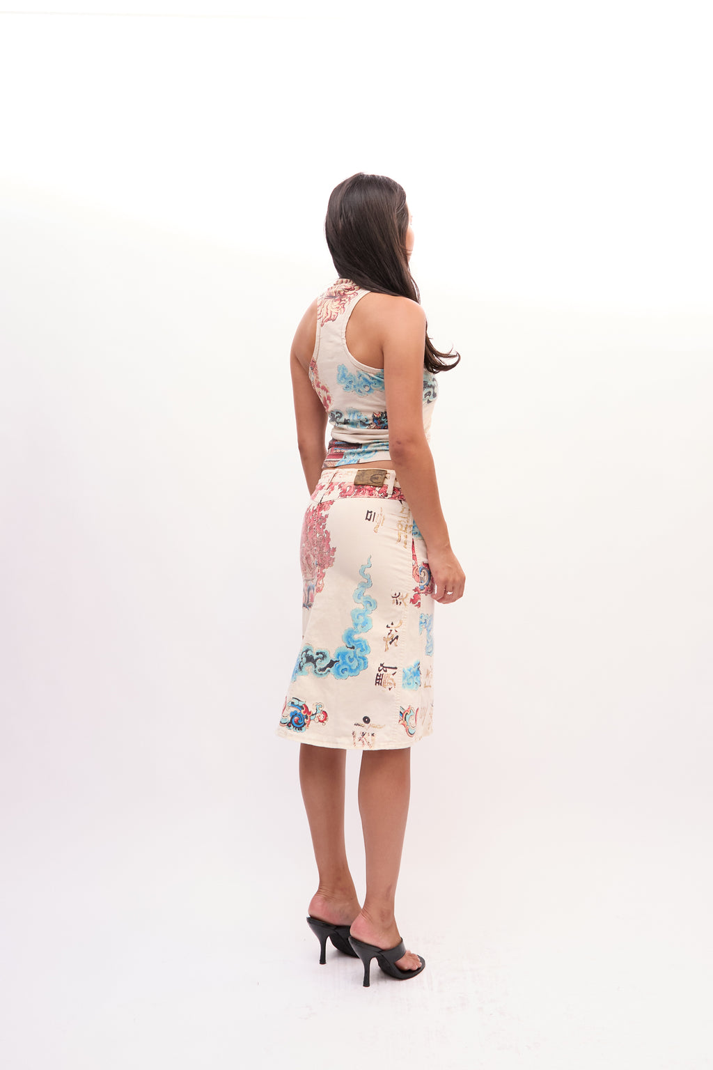 2003 Just Cavalli White Multicolor Oriental Print Tank Jean Skirt Set
