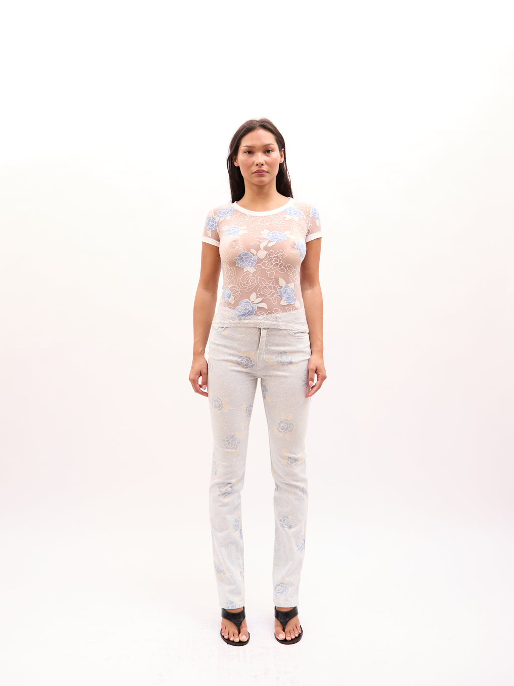 2000s Just Cavalli White Blue Floral Print Sheer Top and Jeans Set