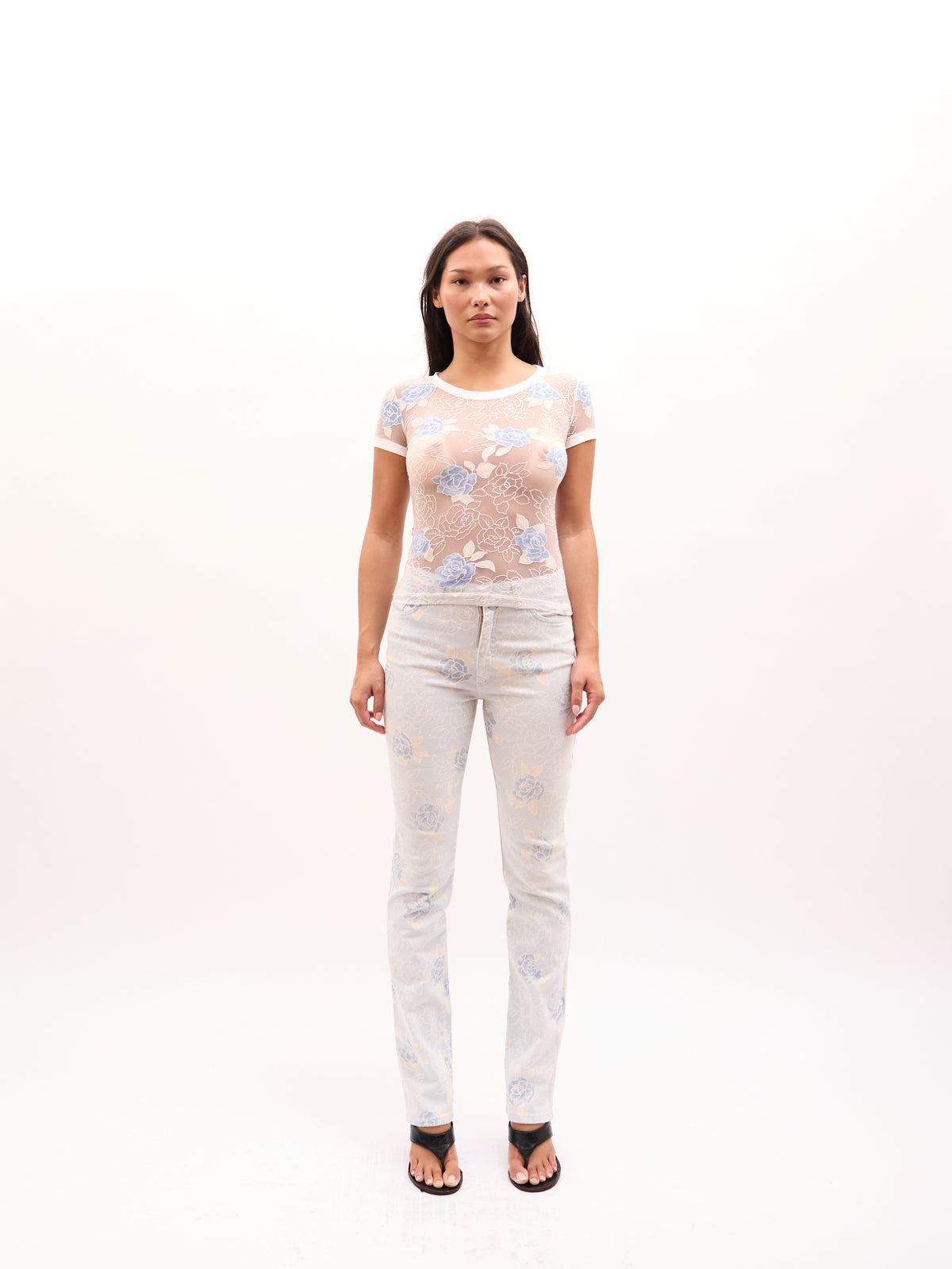 2000s Just Cavalli White Blue Floral Print Sheer Top and Jeans Set