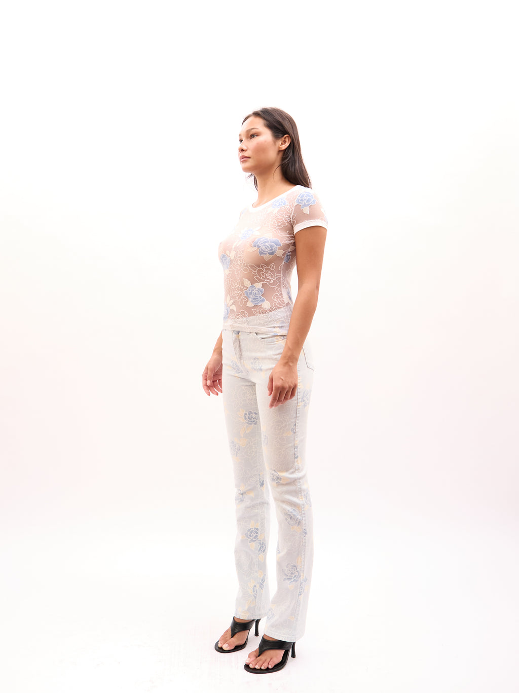 2000s Just Cavalli White Blue Floral Print Sheer Top and Jeans Set