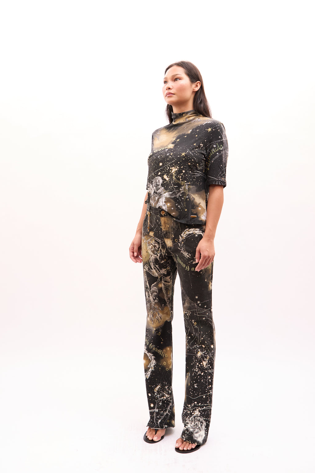 2000s Roberto Cavalli Black Celestial Galaxy Top and Jeans Set