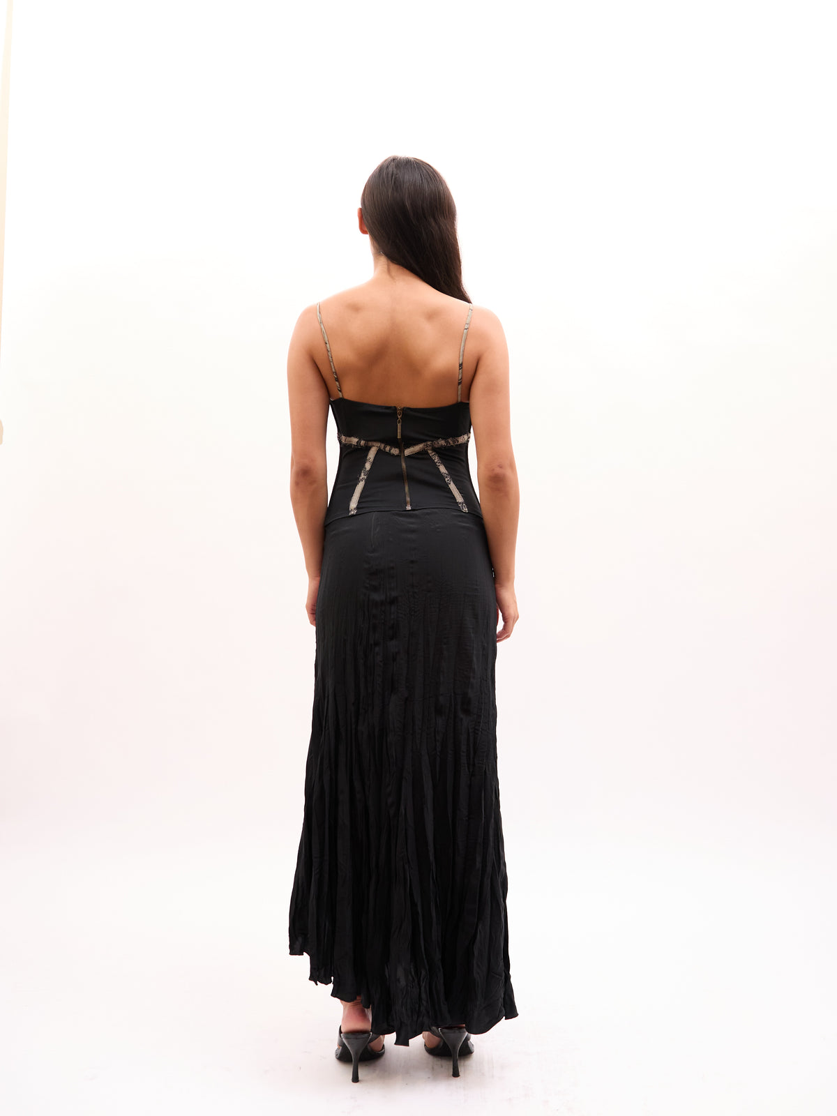 2000s Just Cavalli Black Silver Zebra Print Trim Wrapped Bodice and Pleated Maxi Skirt Skirt Set