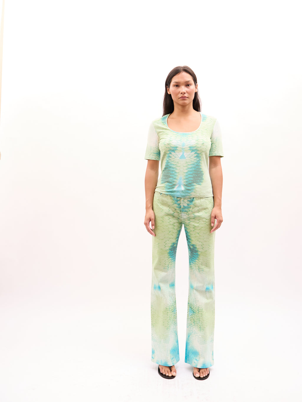 2000s Just Cavalli Green Snakeprint Top Jeans Set
