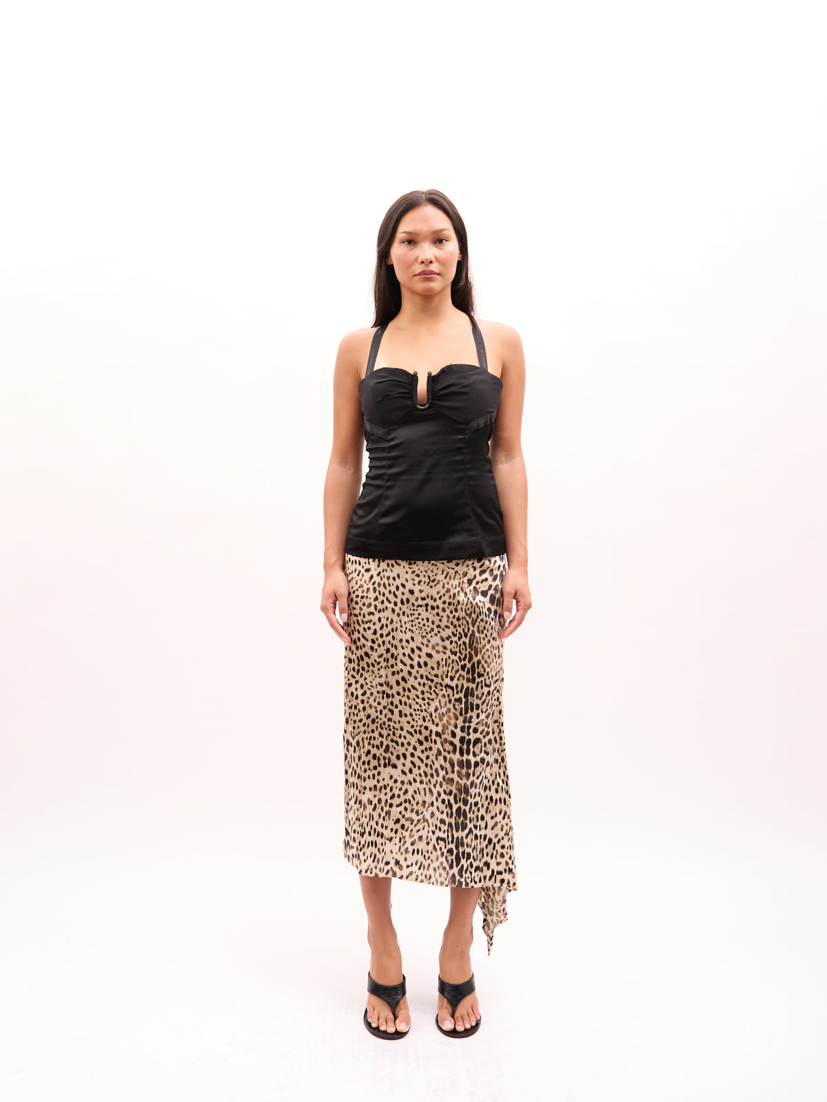 2000s Roberto Cavalli Brown Leopard Print Asymmetrical Hem Silk Skirt [SKIRT]