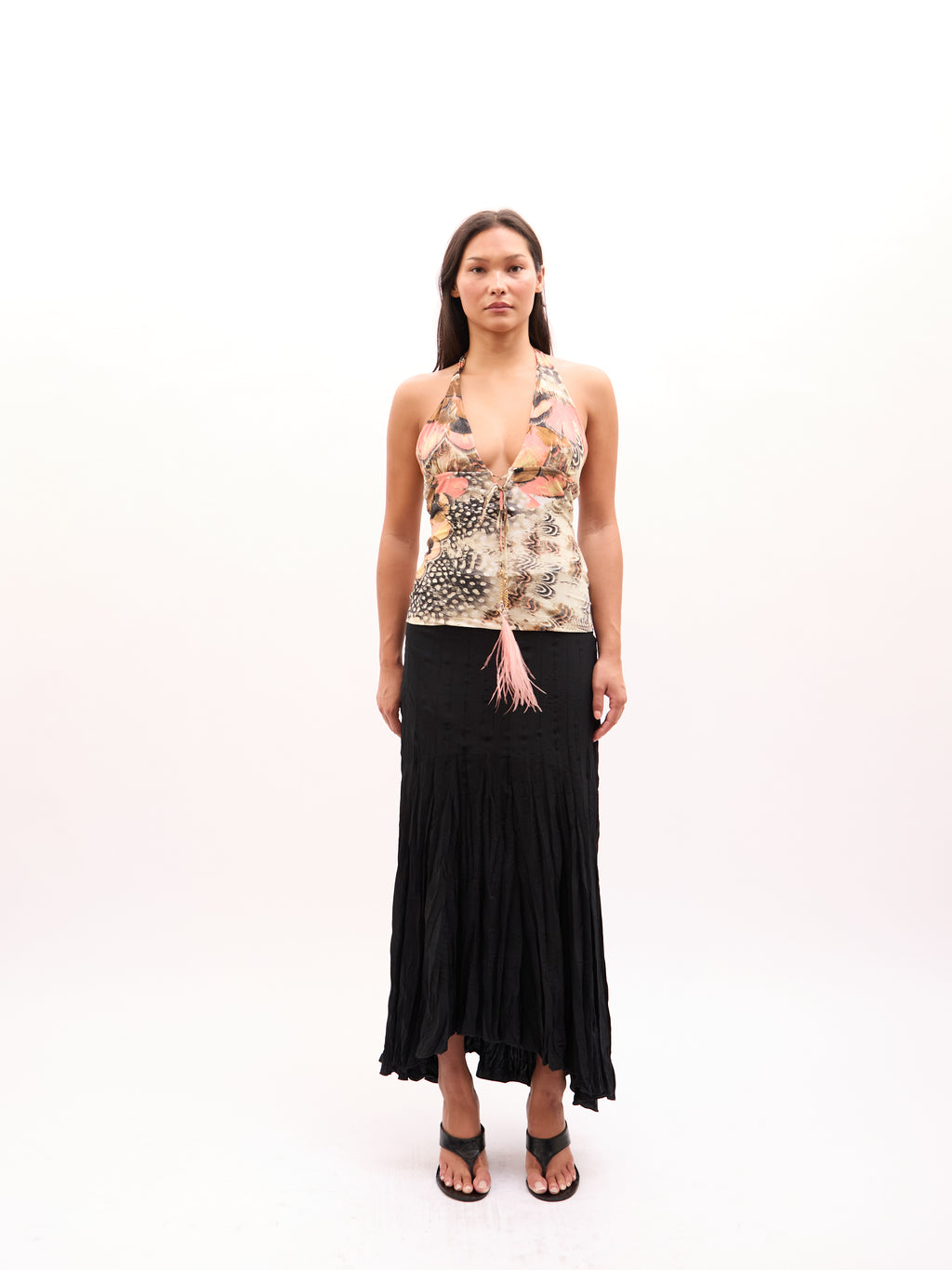2000s Roberto Cavalli Multicolor Butterfly And Feather Print Halter Top [ONLY]