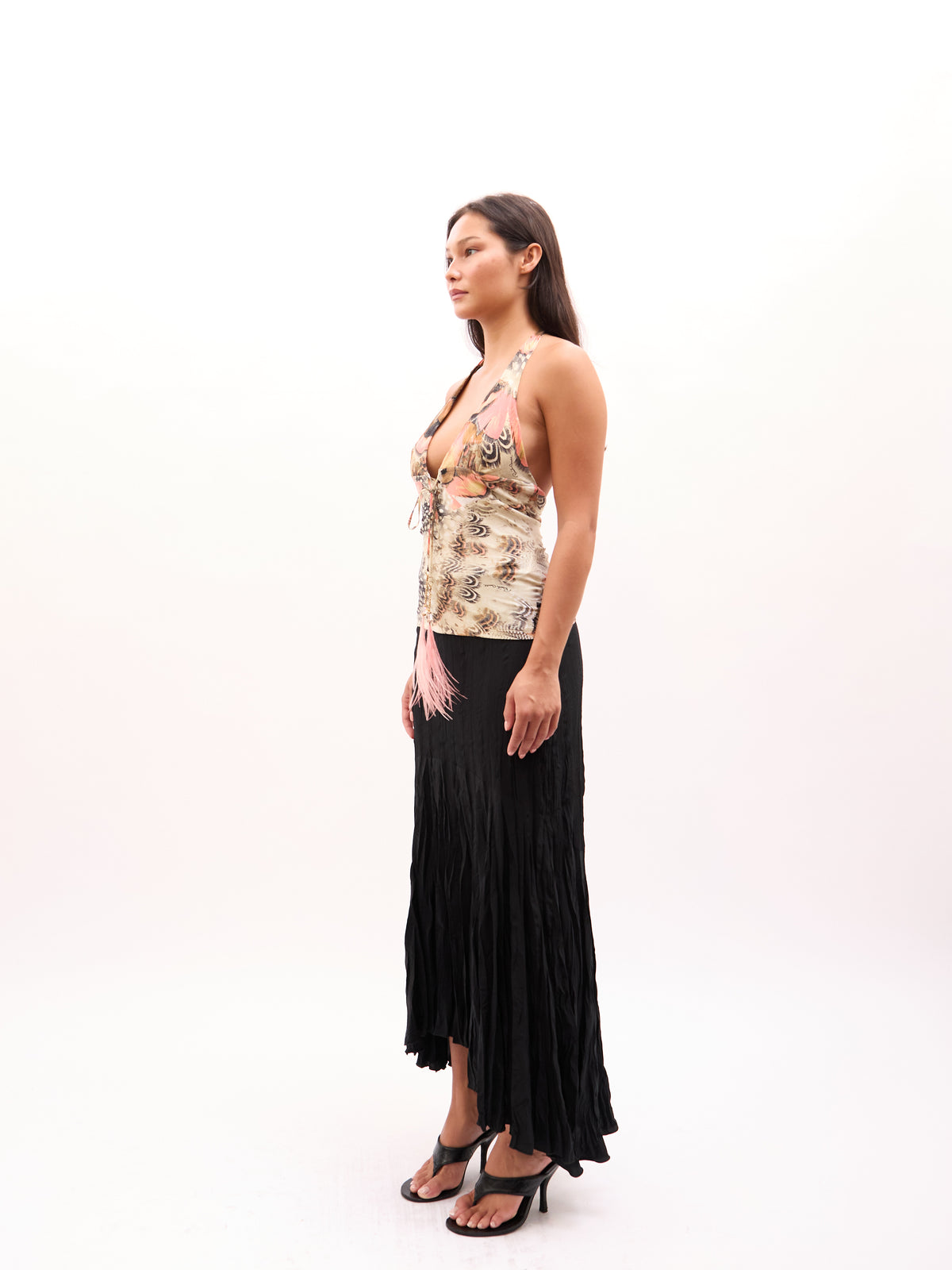 2000s Roberto Cavalli Multicolor Butterfly And Feather Print Halter Top [ONLY]