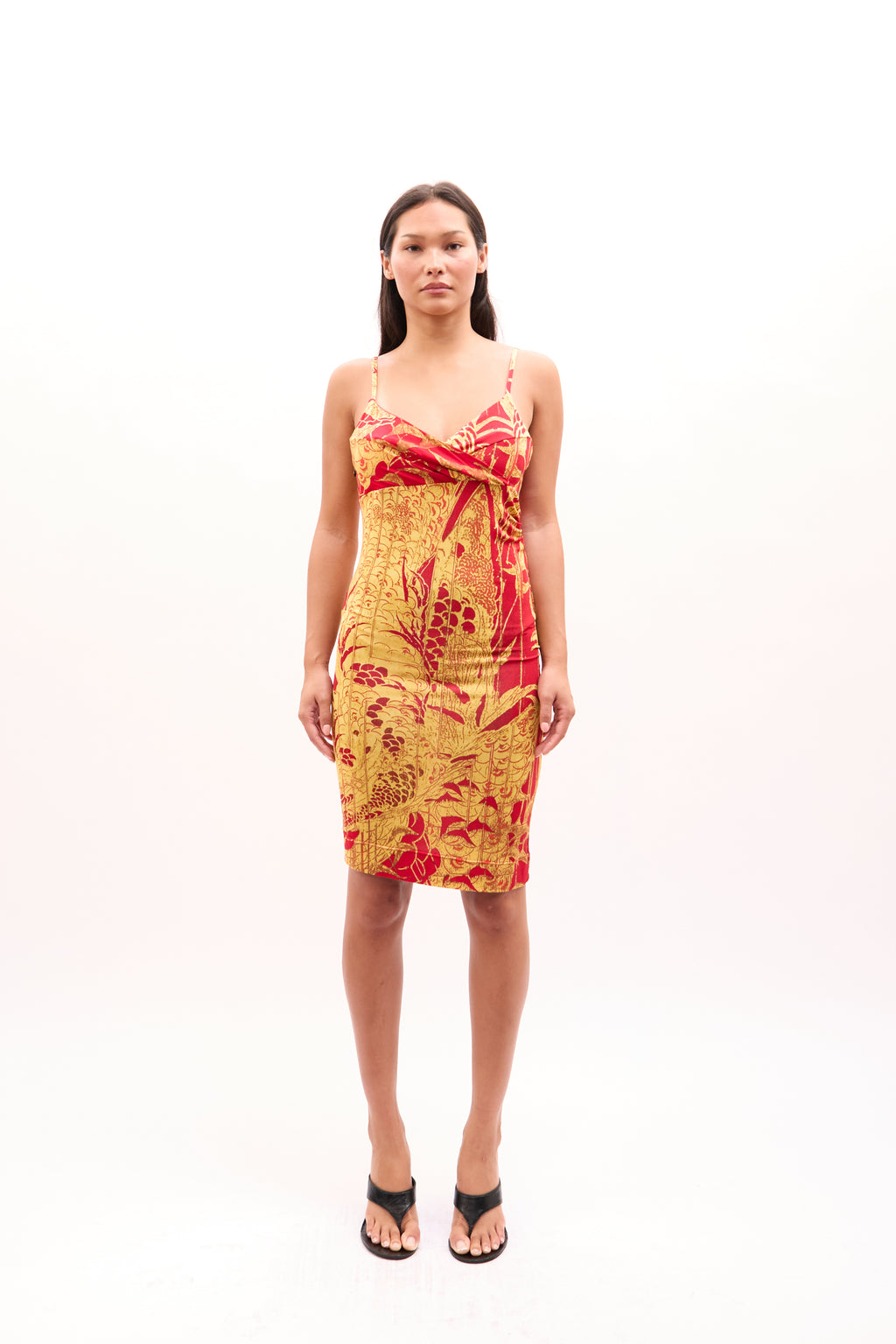 2000s Just Cavalli Red Gold Floral Toile Print Silk Dress