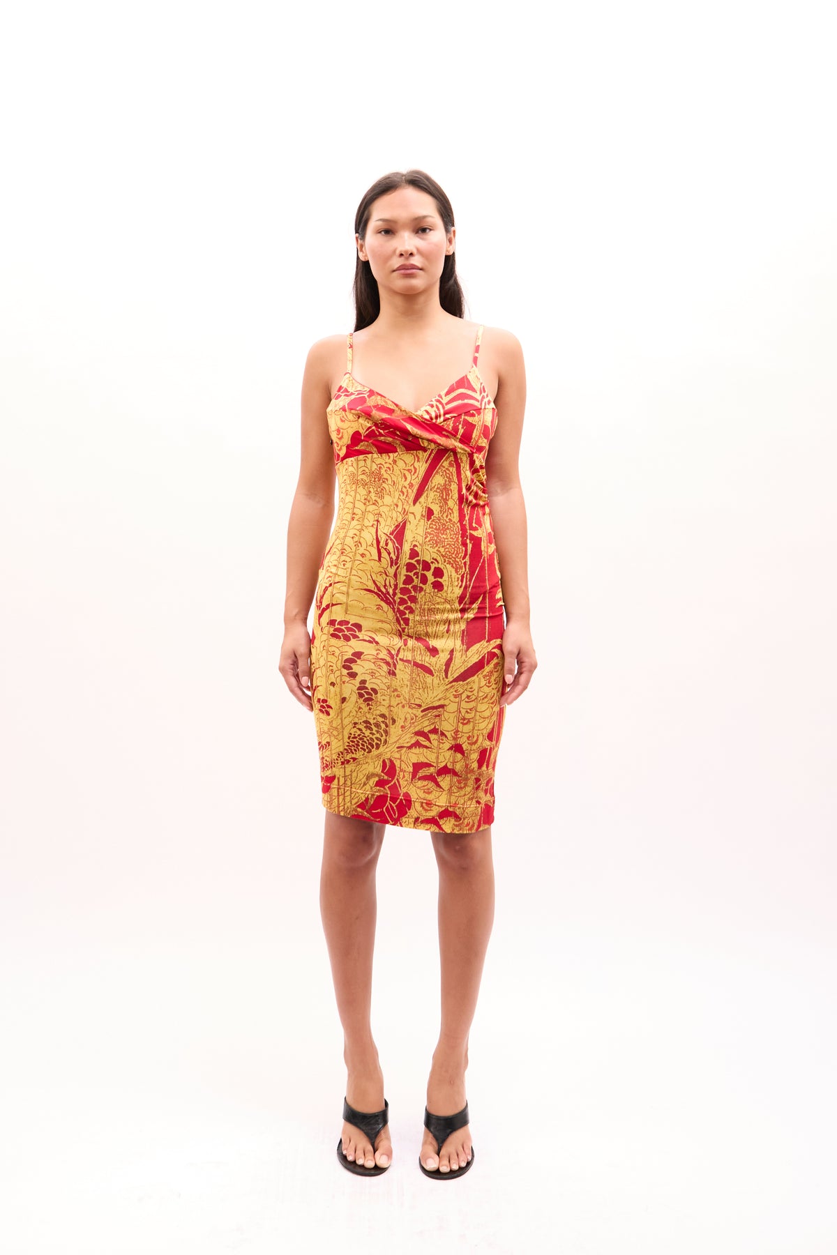 2000s Just Cavalli Red Gold Floral Toile Print Silk Dress