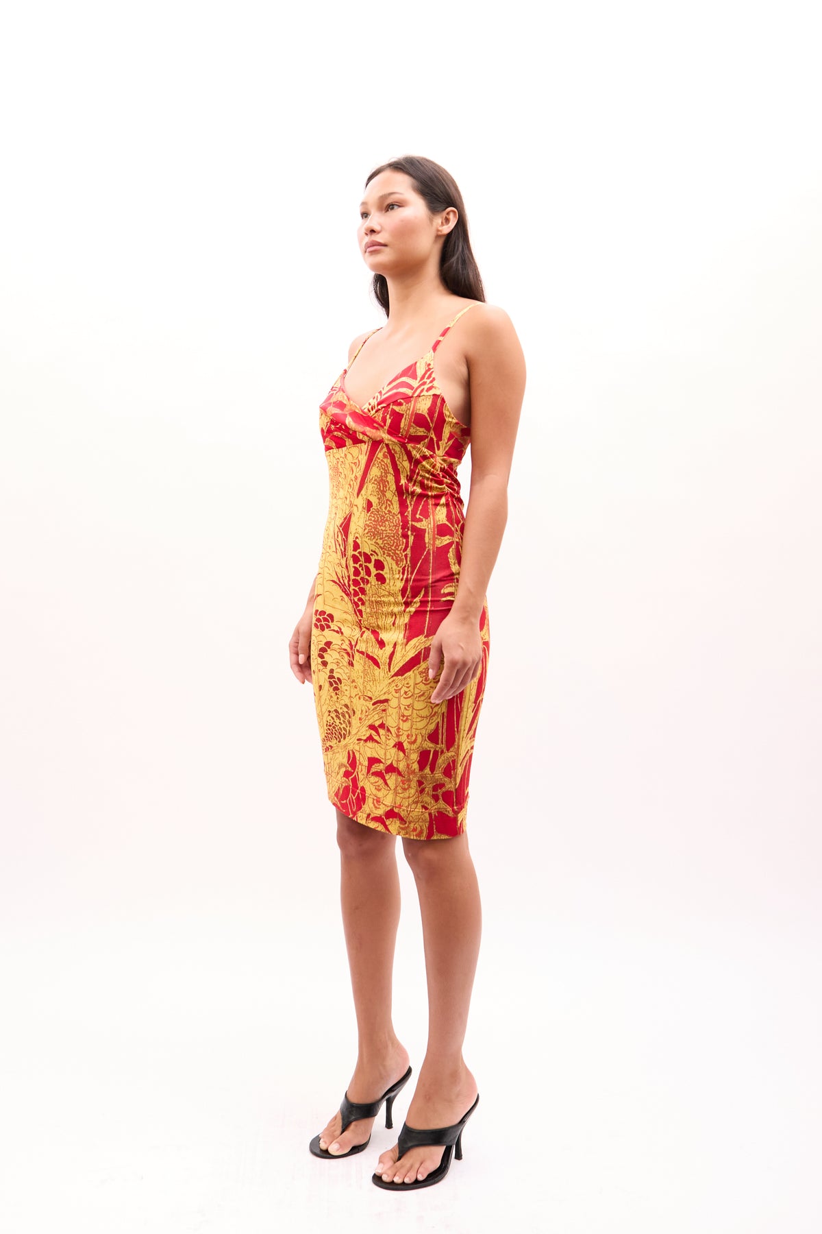 2000s Just Cavalli Red Gold Floral Toile Print Silk Dress