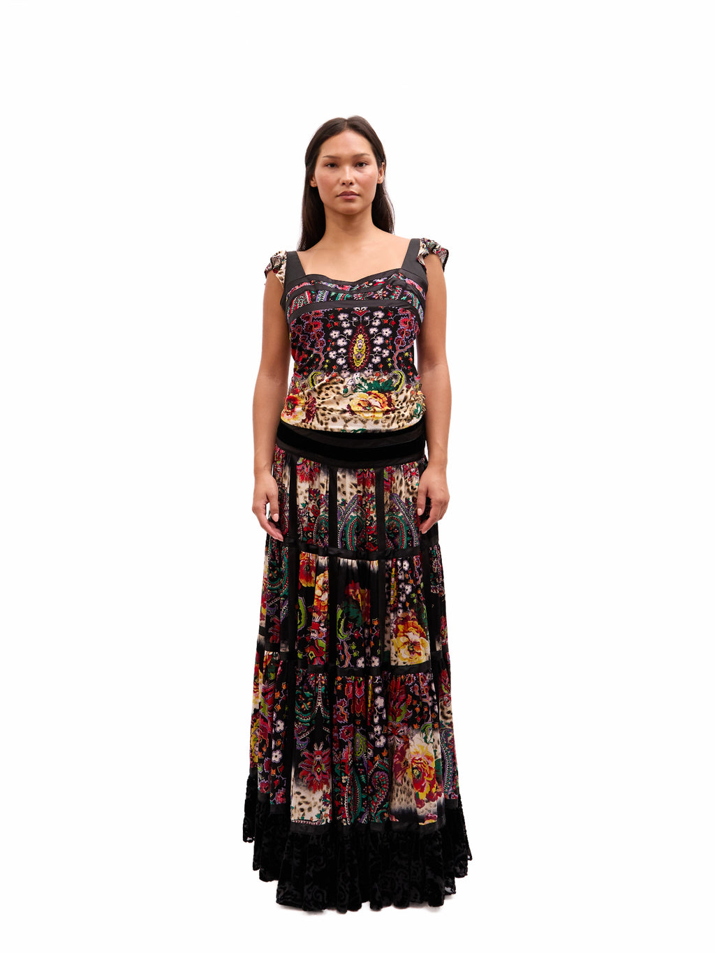 2000s Just Cavalli Multicolor Paisley And Leopard Print Black Velvet Ruffle Maxi Skirt Set