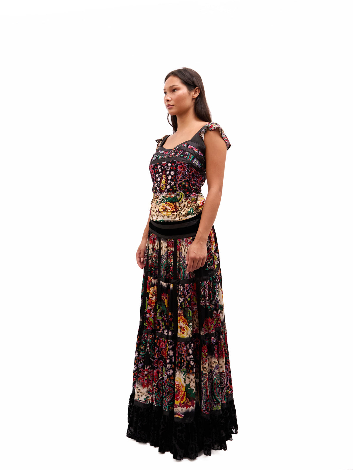 2000s Just Cavalli Multicolor Paisley And Leopard Print Black Velvet Ruffle Maxi Skirt Set