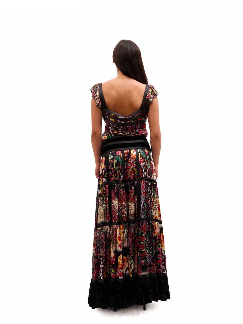 2000s Just Cavalli Multicolor Paisley And Leopard Print Black Velvet Ruffle Maxi Skirt Set