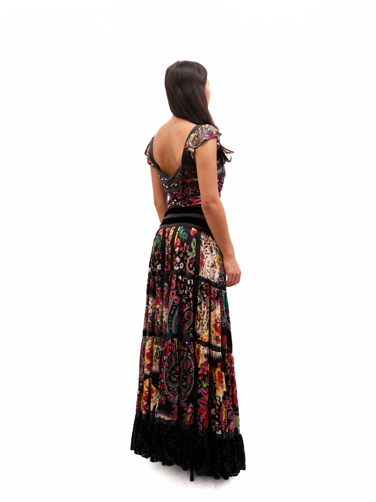 2000s Just Cavalli Multicolor Paisley And Leopard Print Black Velvet Ruffle Maxi Skirt Set