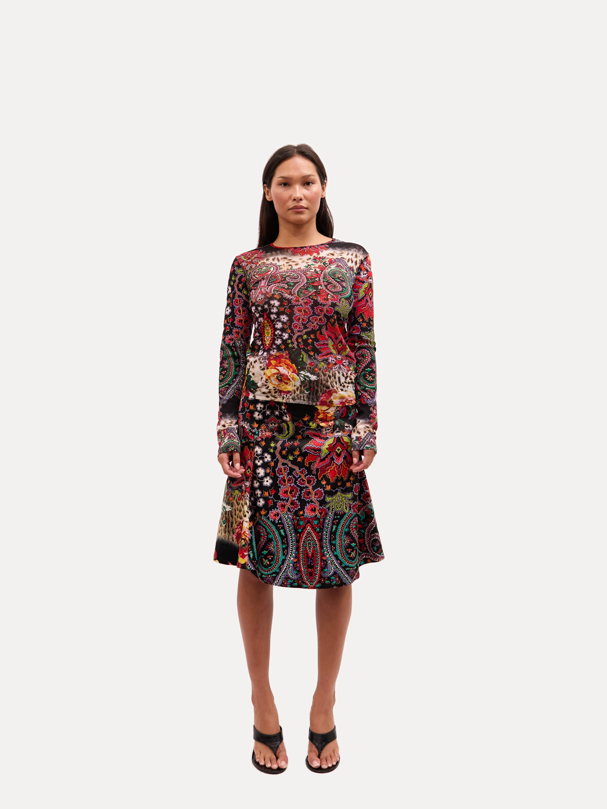 2000s Just Cavalli Multicolor Paisley Floral Patchwork Mesh Top and Mini Skirt Set
