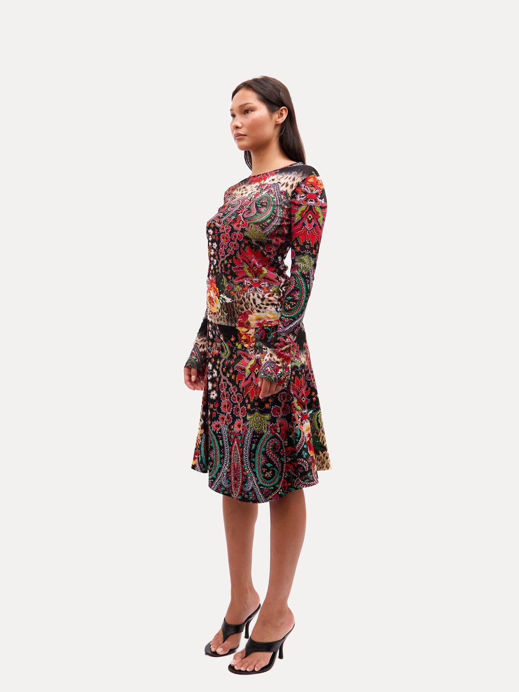 2000s Just Cavalli Multicolor Paisley Floral Patchwork Mesh Top and Mini Skirt Set