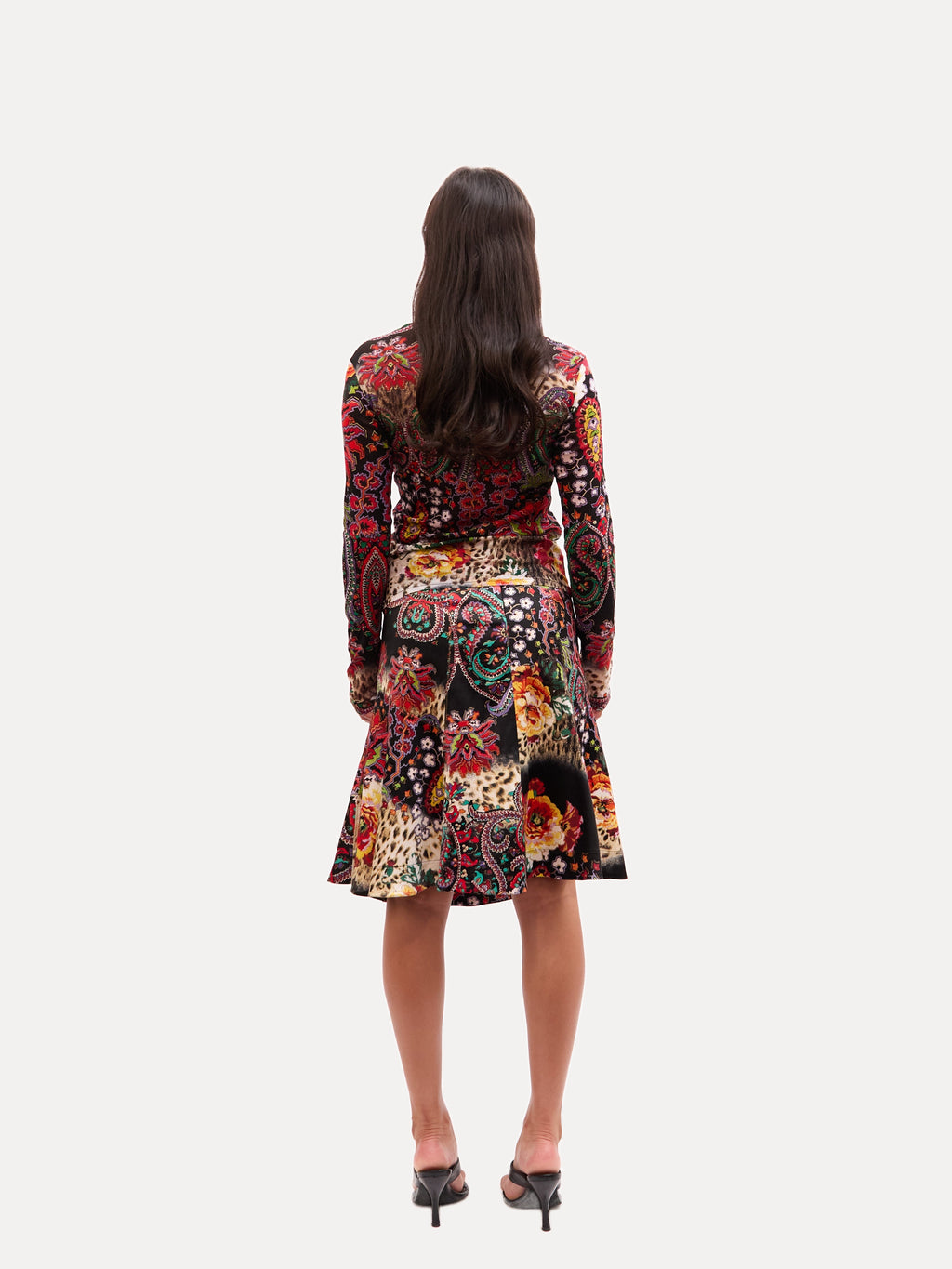 2000s Just Cavalli Multicolor Paisley Floral Patchwork Mesh Top and Mini Skirt Set