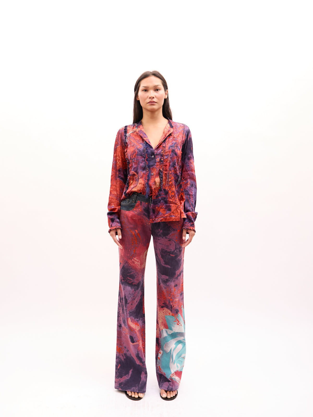 2000s Just Cavalli Purple Red Marbled Rose Print Top and Jeans Set