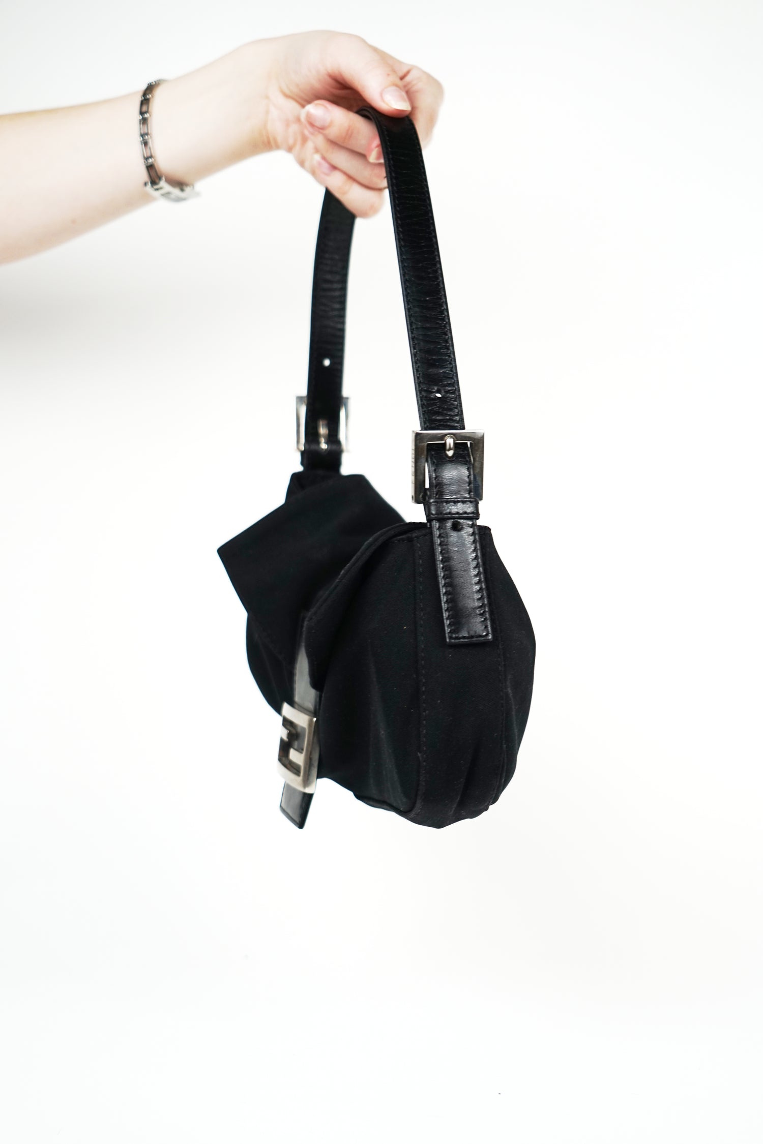 Fendi Black Nylon FF Logo Baguette