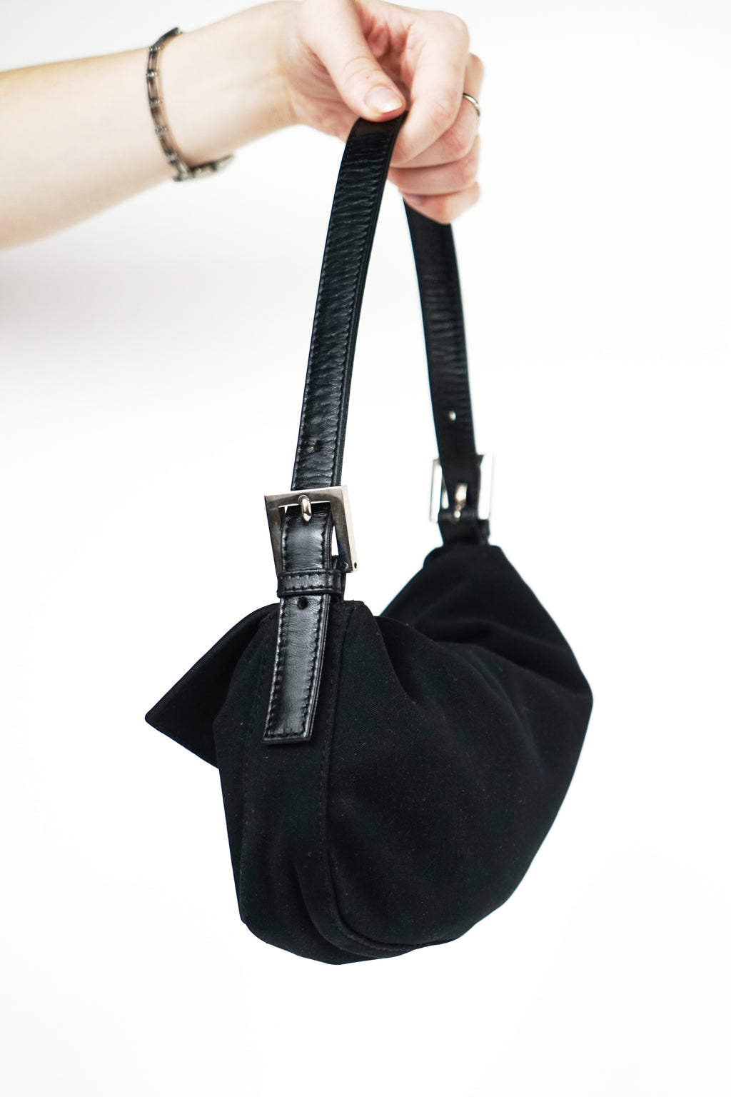 Fendi Black Nylon FF Logo Baguette