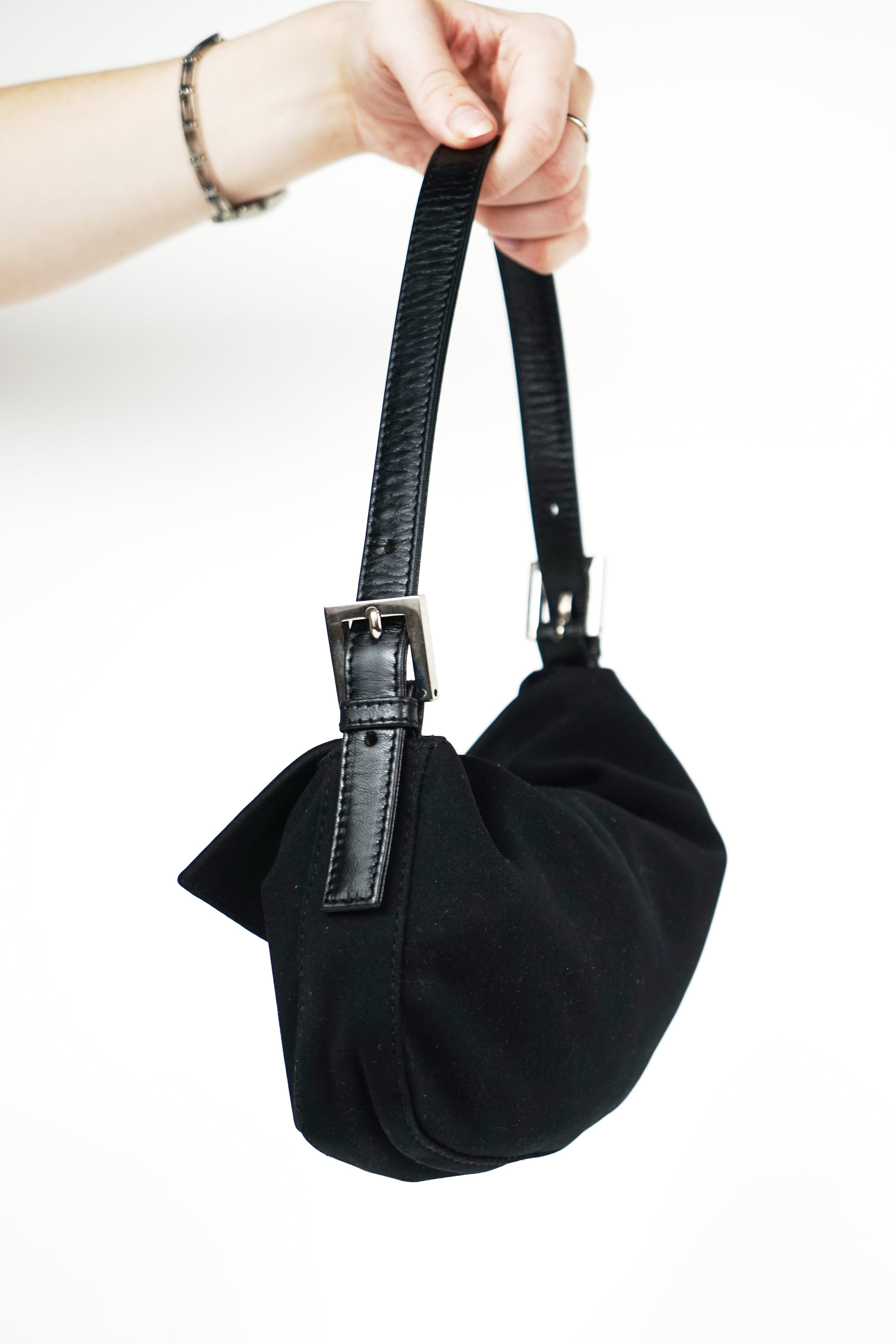 Fendi Black Nylon FF Logo Baguette