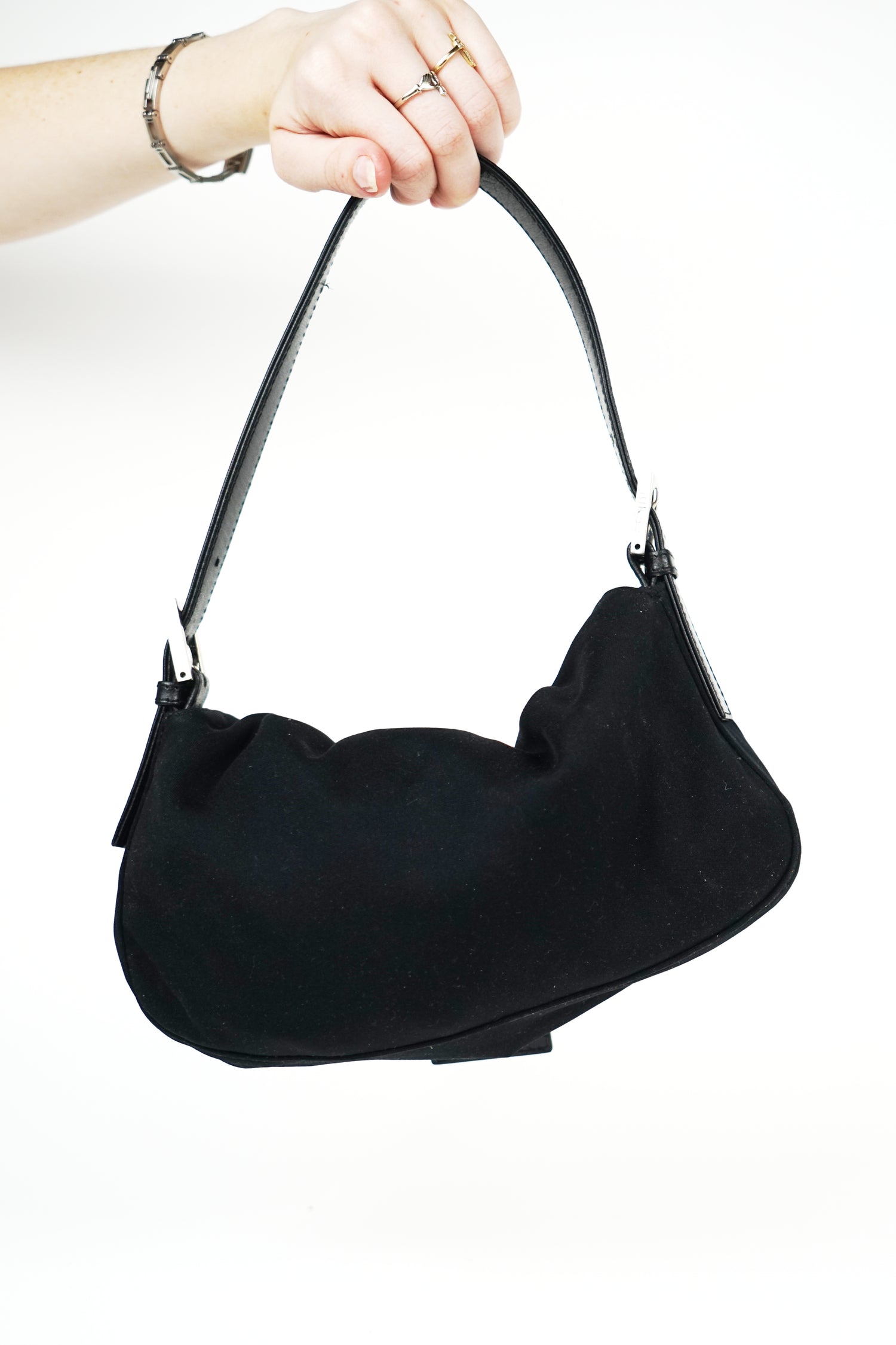 Fendi Black Nylon FF Logo Baguette